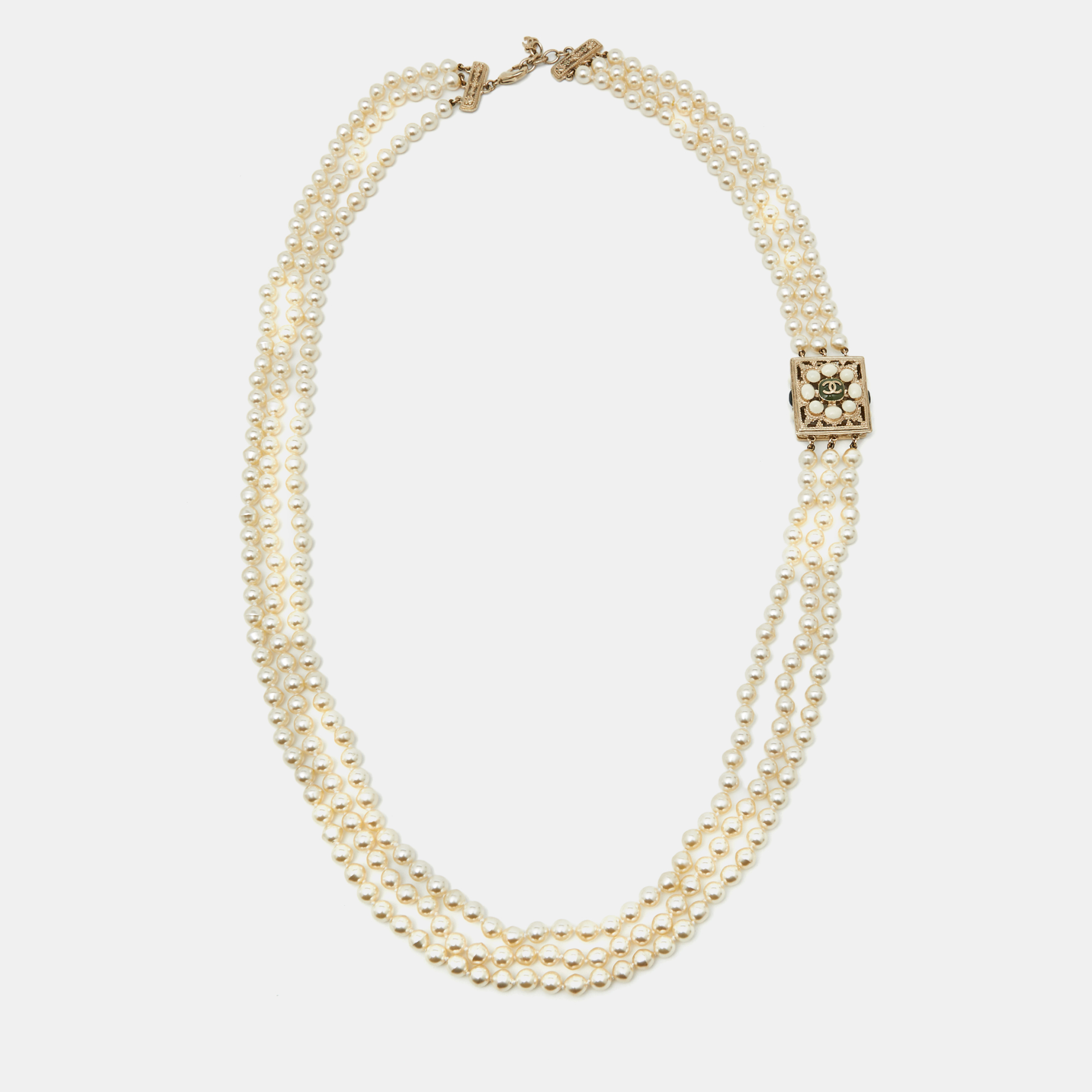 

Chanel CC Faux Pearl Resin Gold Tone Multi Strand Neckalce