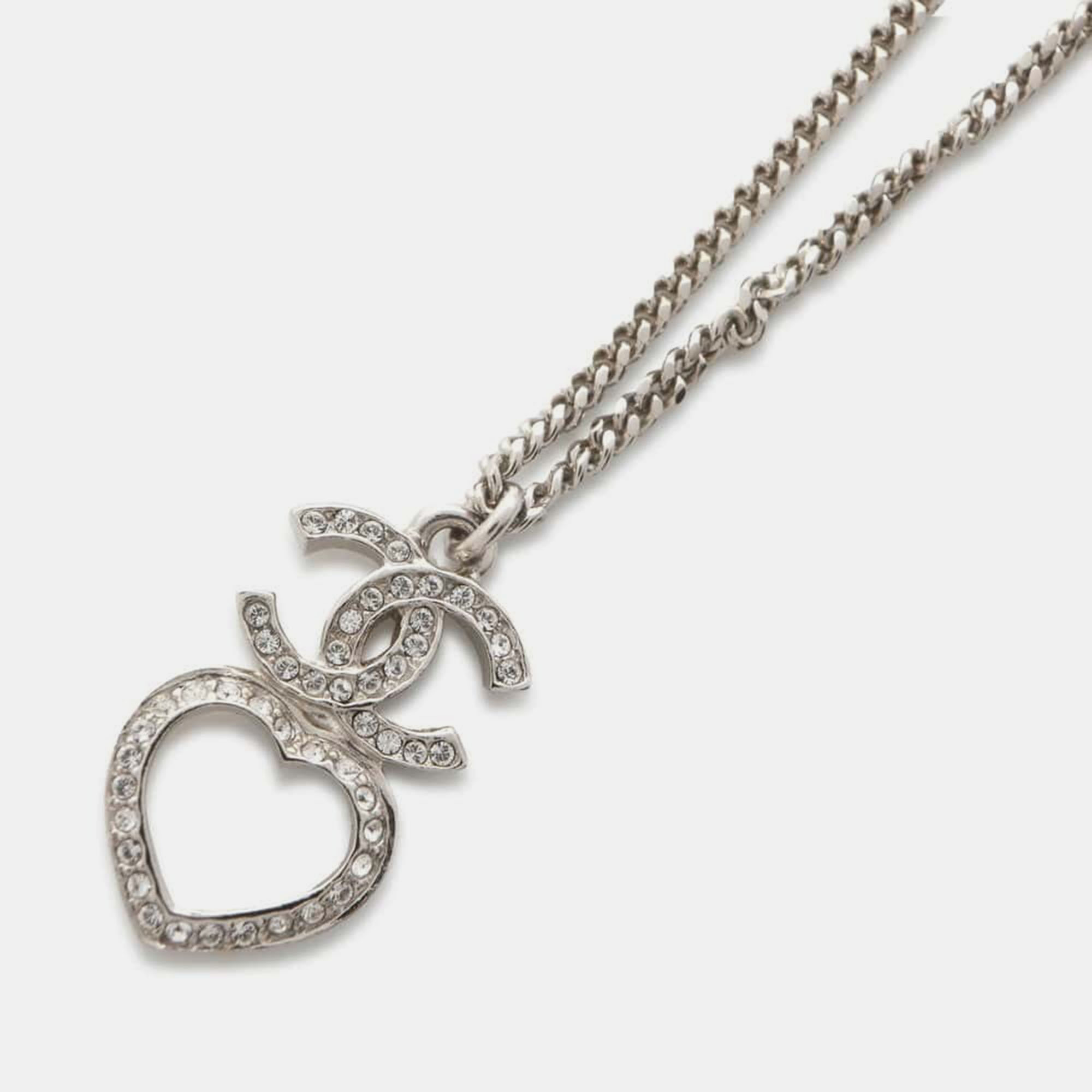 

Chanel Silver Metal Rhinestone CC Logo & Heart Necklace