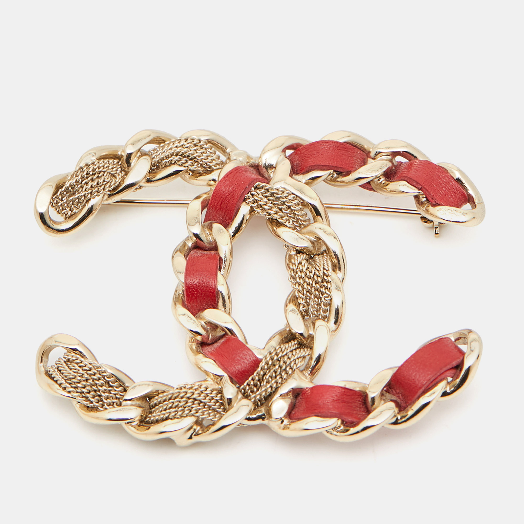 

Chanel CC Red Leather Gold Tone Brooch