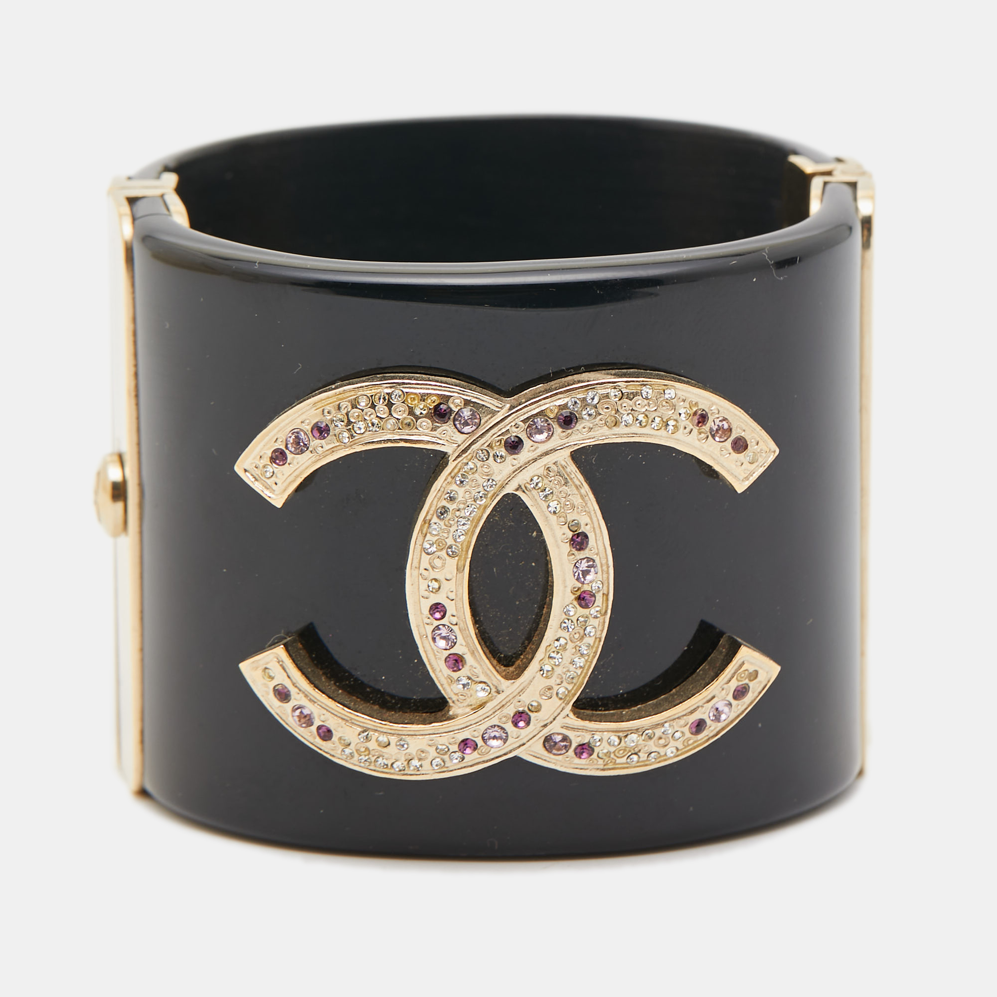 

Chanel CC Resin Crystal Studded Gold Tone Wide Cuff Bracelet