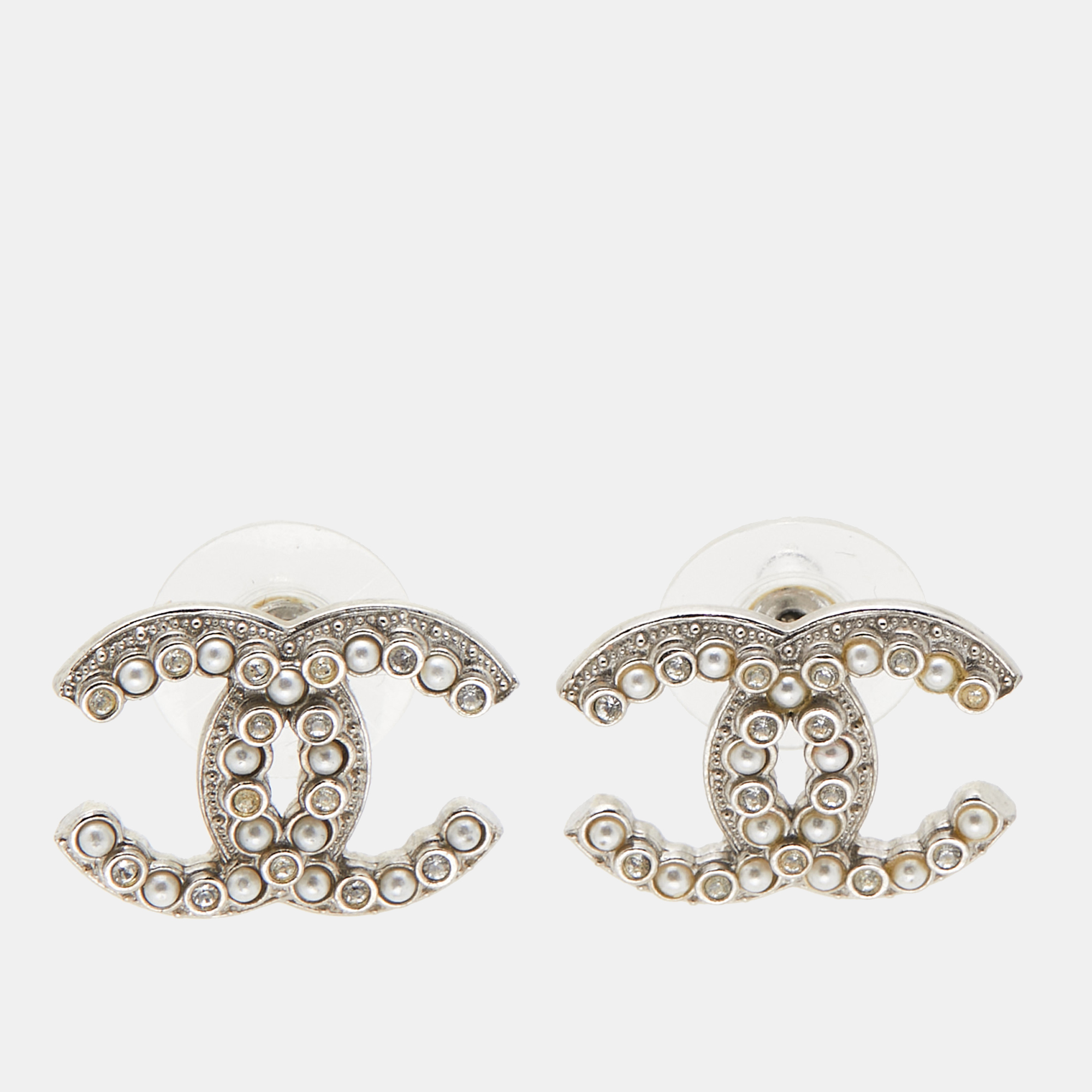 

Chanel CC Crystals Faux Pearl Silver Tone Earrings