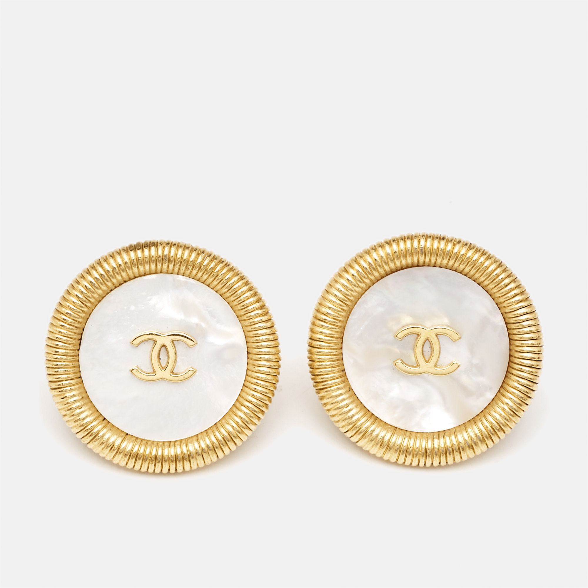 

Chanel CC Mother of Pearl Gold Tone Clip On Earrings