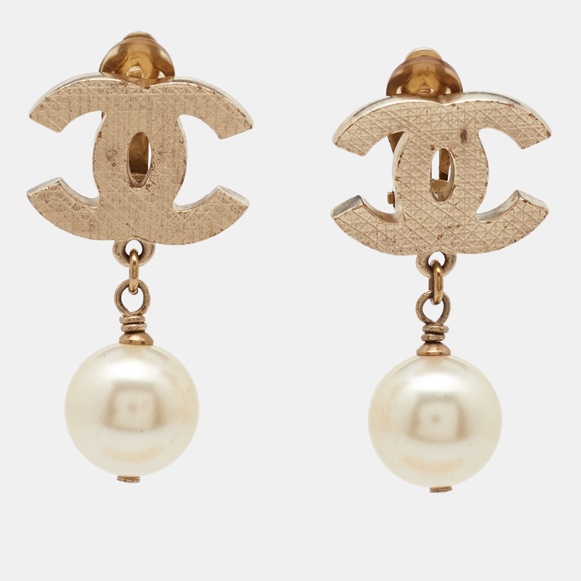 

Chanel CC Faux Pearl Gold Tone Earrings