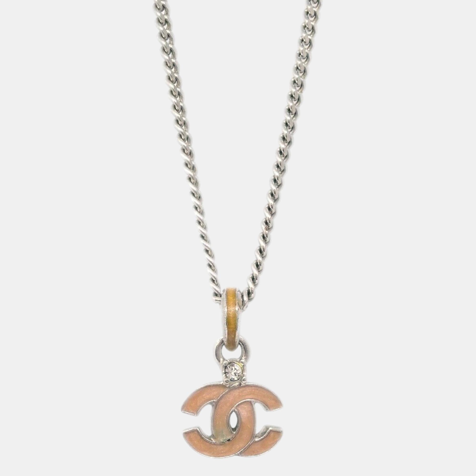 

Chanel Rhinestone Silver CC Chain Necklace Pendant 4P