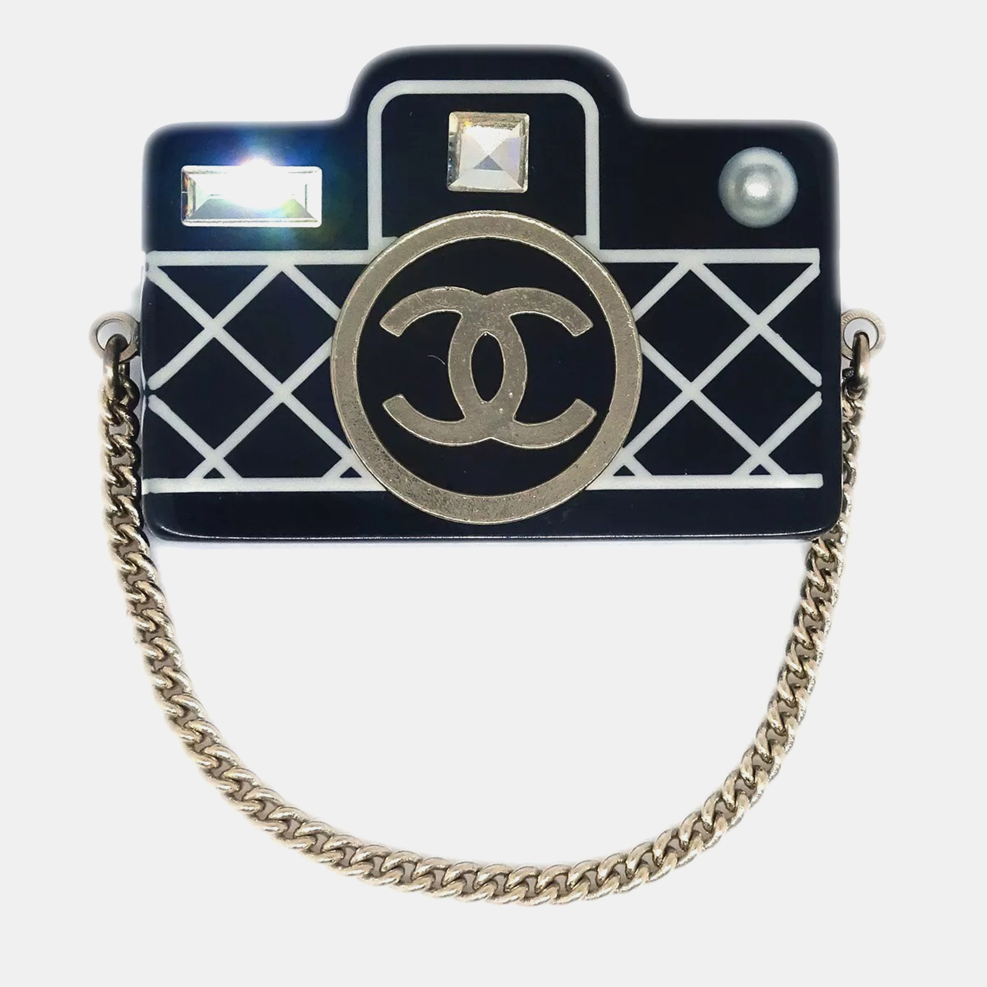 

Chanel Black Artificial Pearl Rhinestone Corsage Camera Brooch Pin