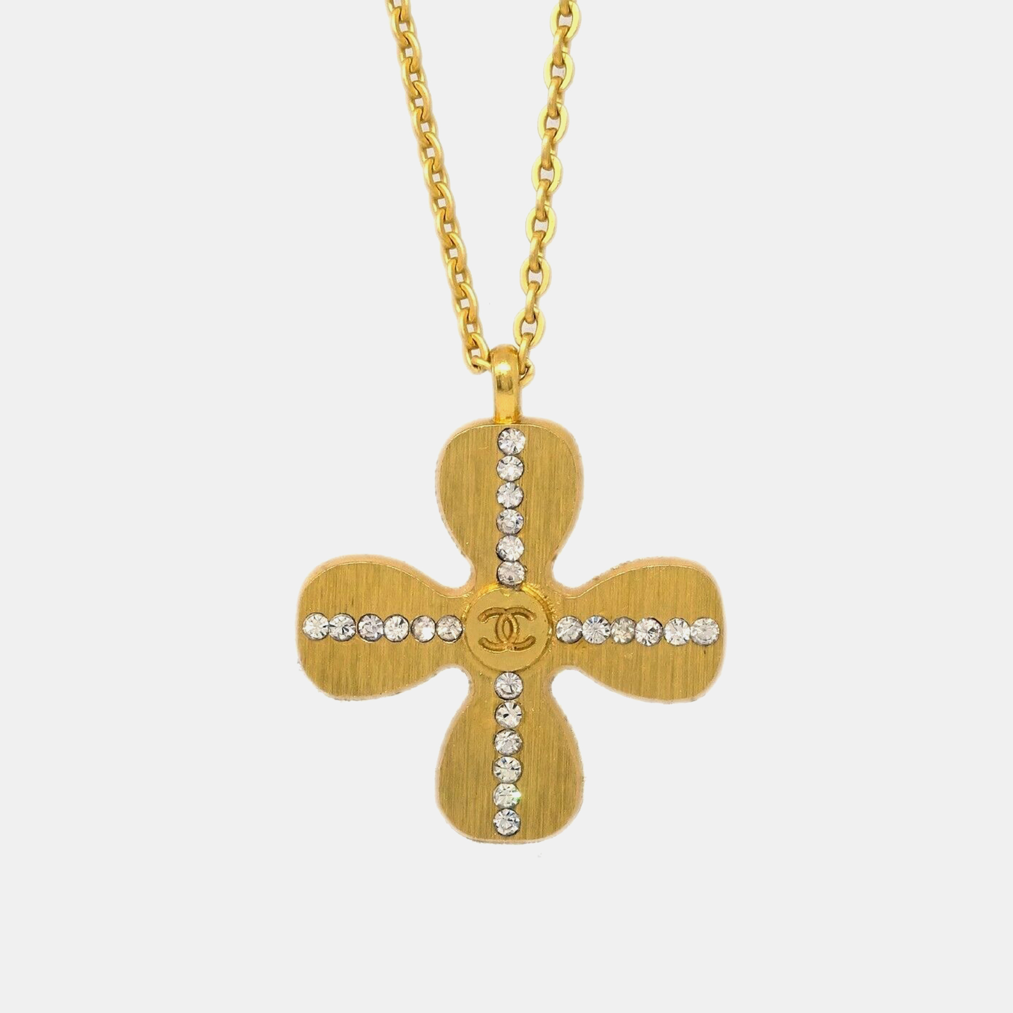 

Chanel Rhinestone Gold Clover Chain Pendant Necklace 01C