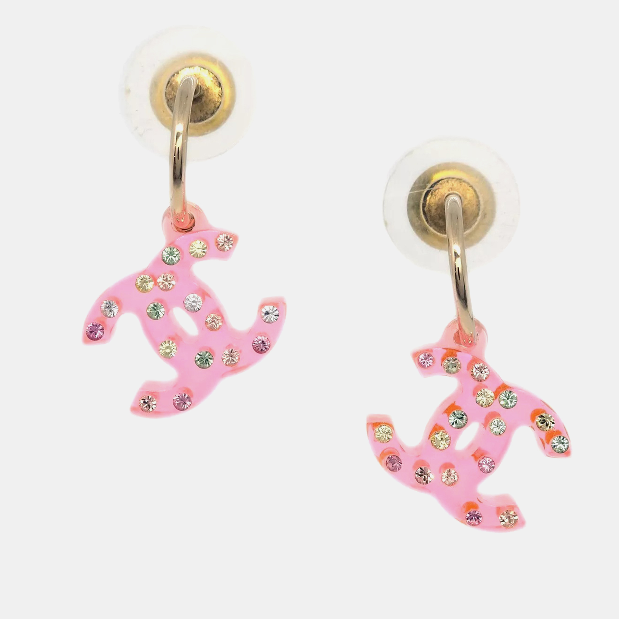 

Chanel Rhinestone Pink CC Dangle Piercing Earrings