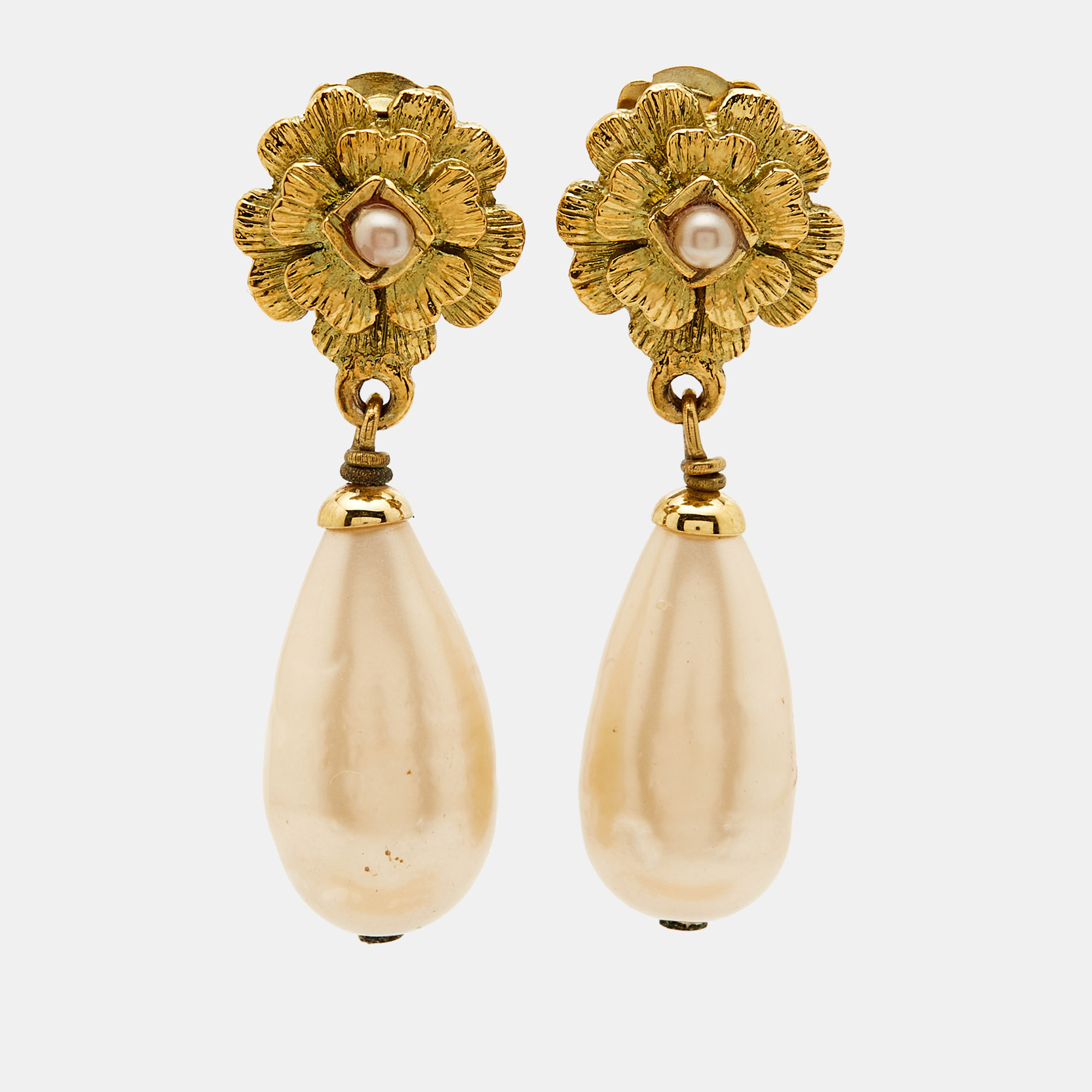 

Chanel Camelia Faux Pearl Gold Tone Earrings