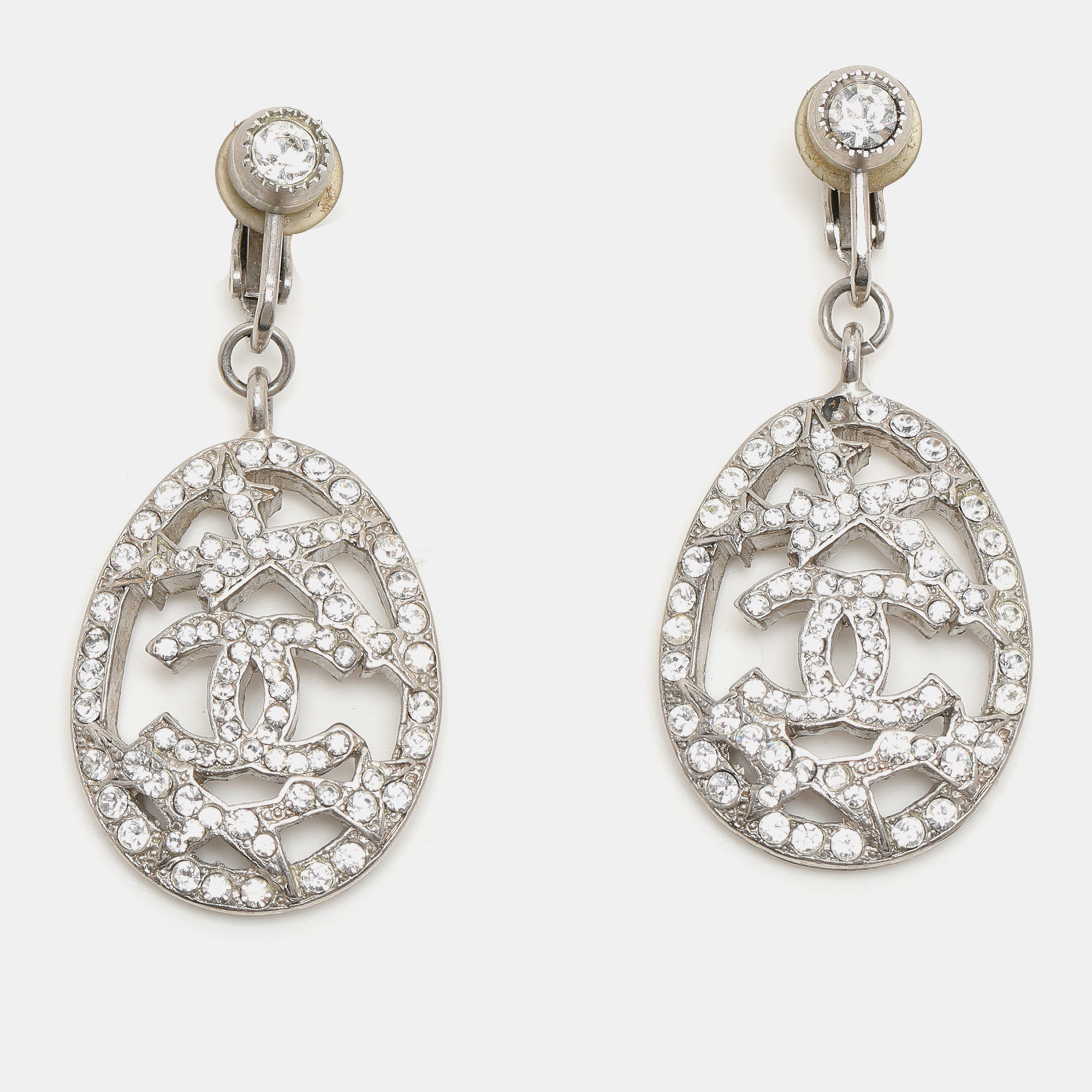 

Chanel Silver Tone Metal Crystal Embellished CC Drop Earrings