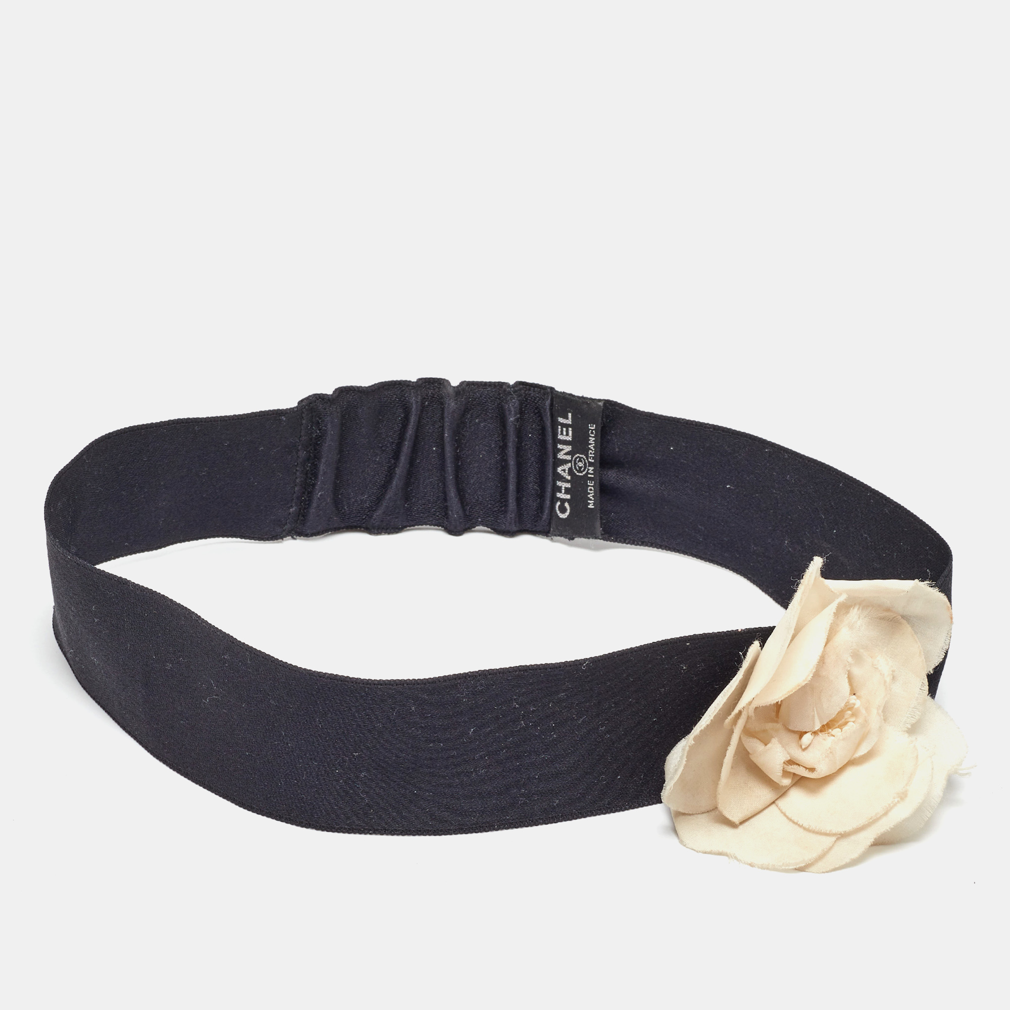 

Chanel Black Satin Camellia Detail Headband