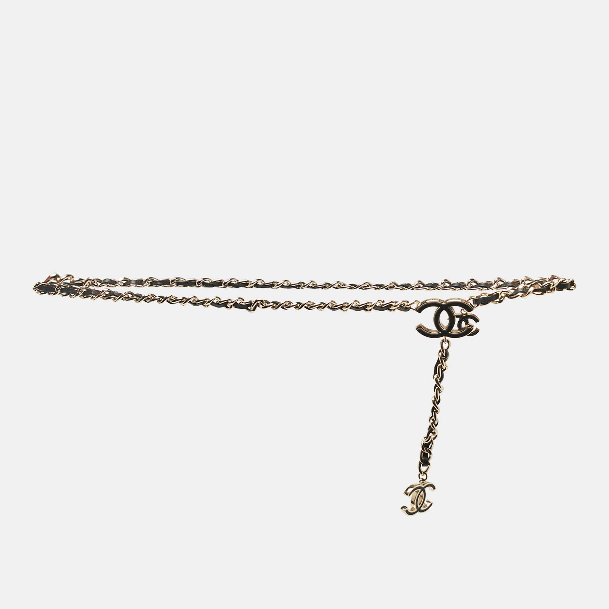 

Chanel CC Black Leather Gold Tone Charm Chain Belt