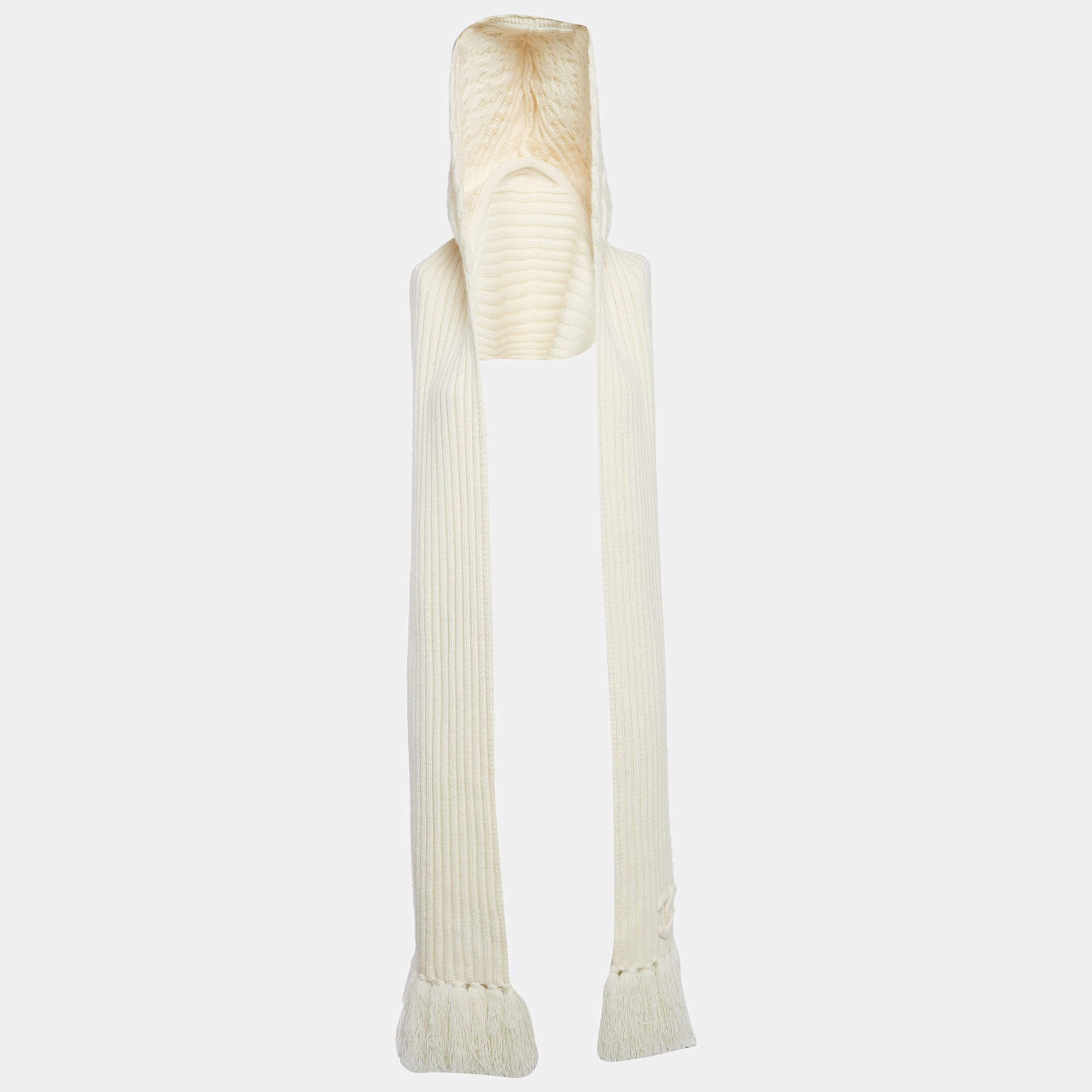 

Chanel White Cashmere Knit Fringed Hood Scarf