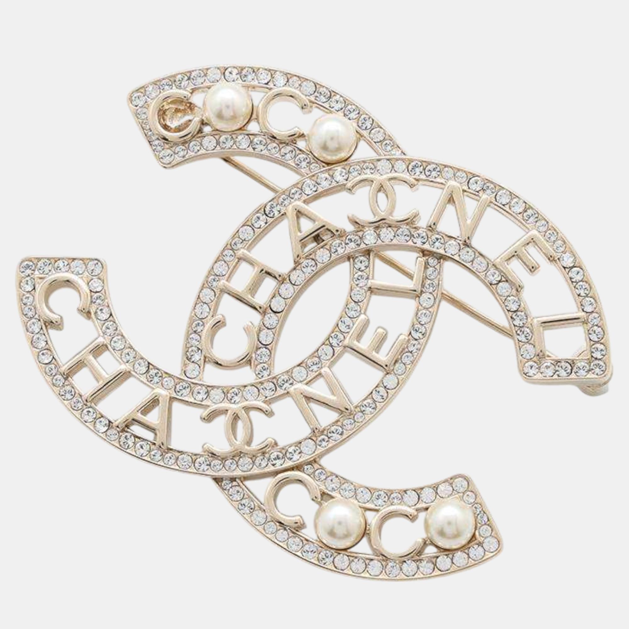 

Chanel Gold Plated/Strass Cc Logo Pearl Brooch