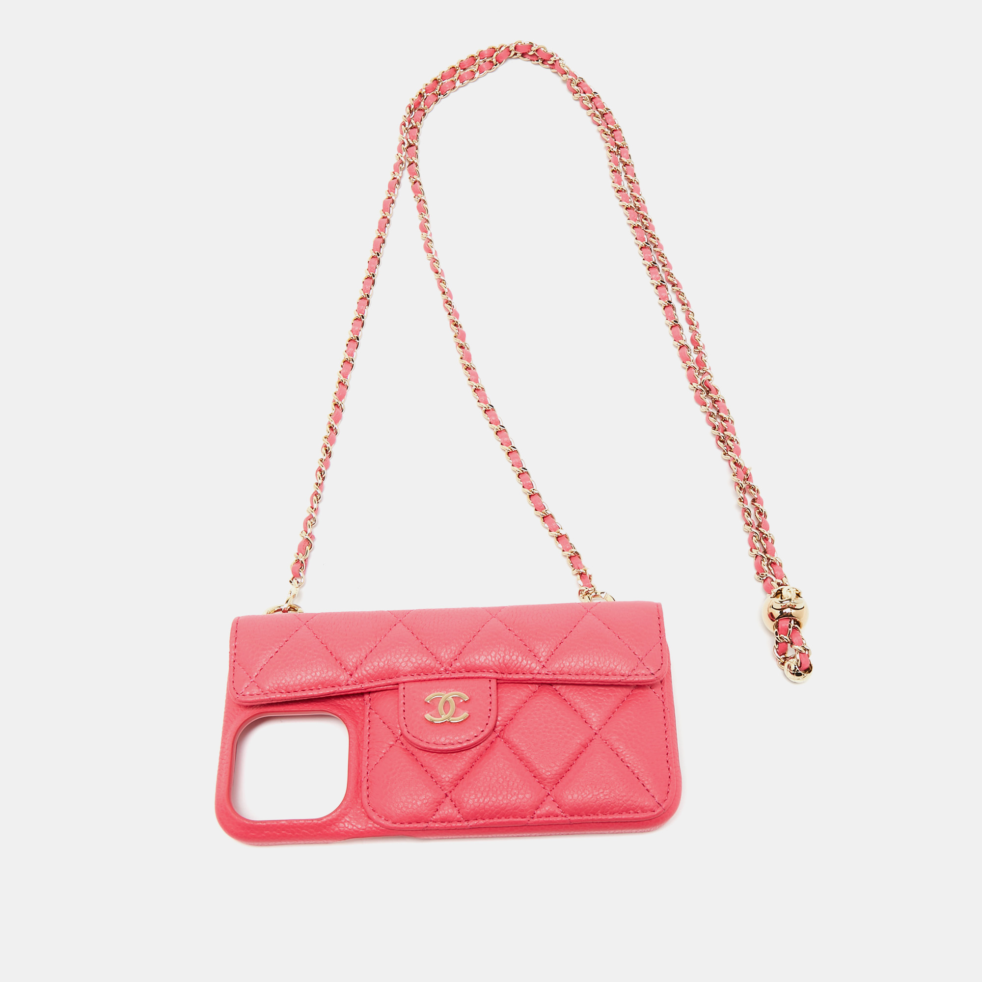 

Chanel Pink Quilted Caviar Leather Pearl Crush iPhone Chain Case