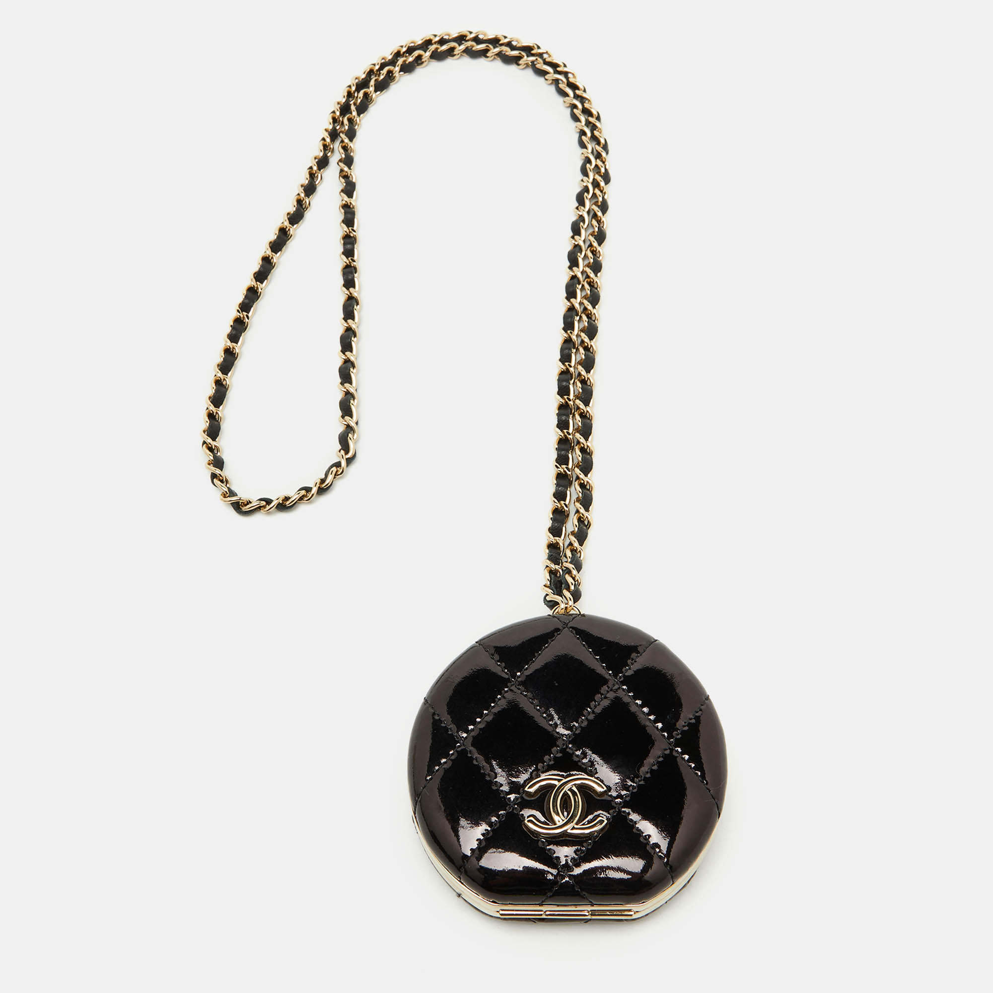 

Chanel Black Quilted Patent Leather Round Mirror Chain Bag