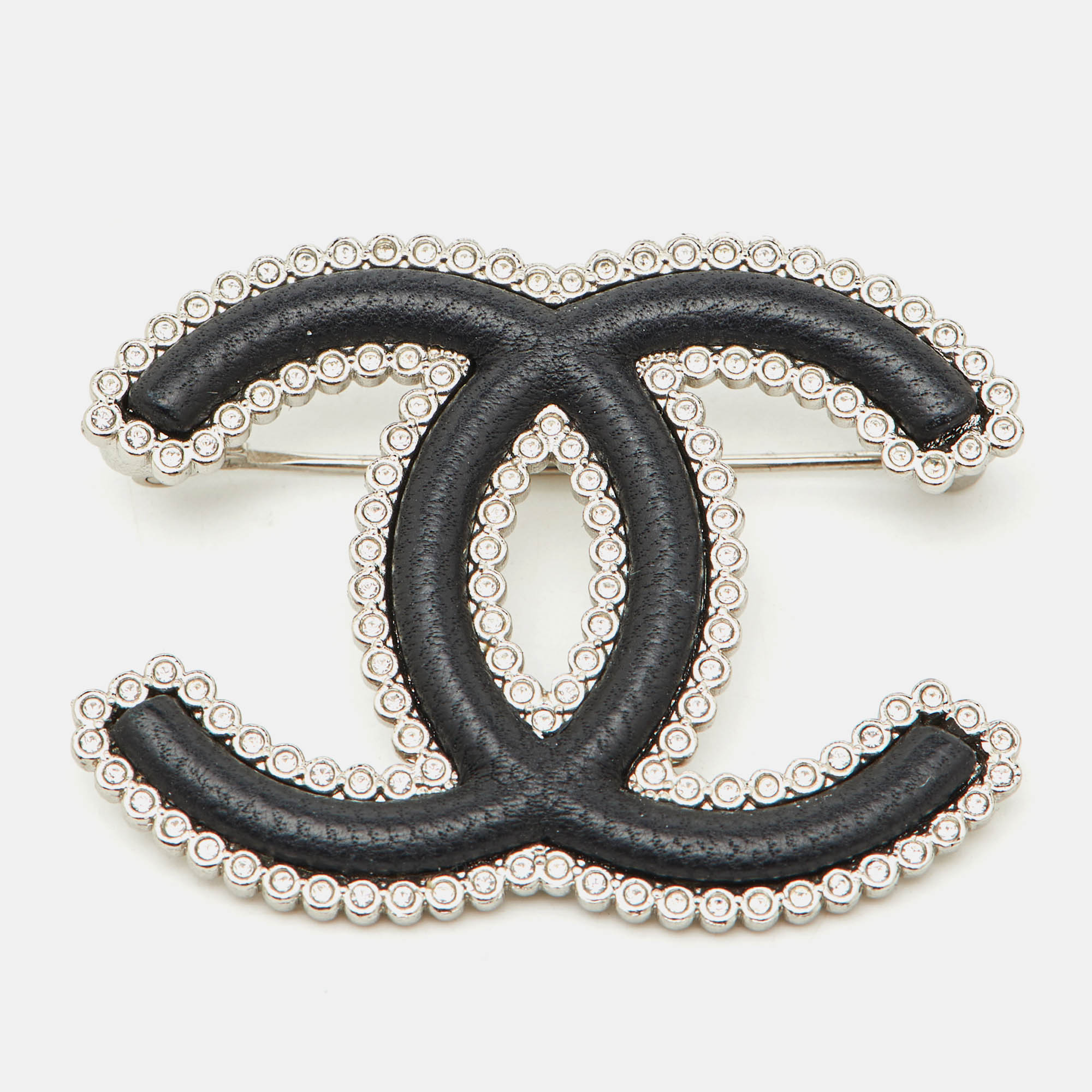 

Chanel CC Crystal Leather Silver Tone Pin Brooch, Black