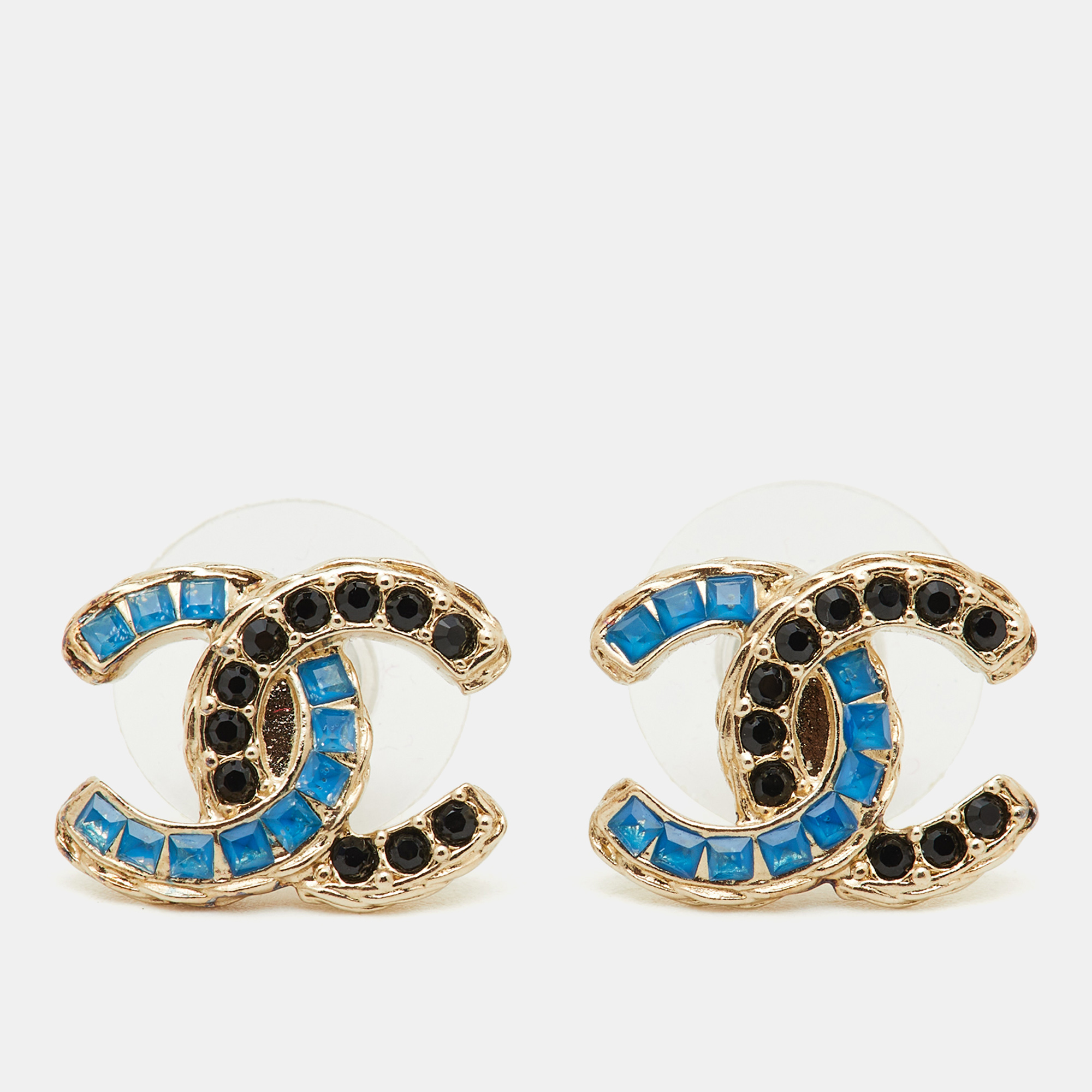 

Chanel CC Blue Black Crystal Gold Tone Stud Earrings, Multicolor