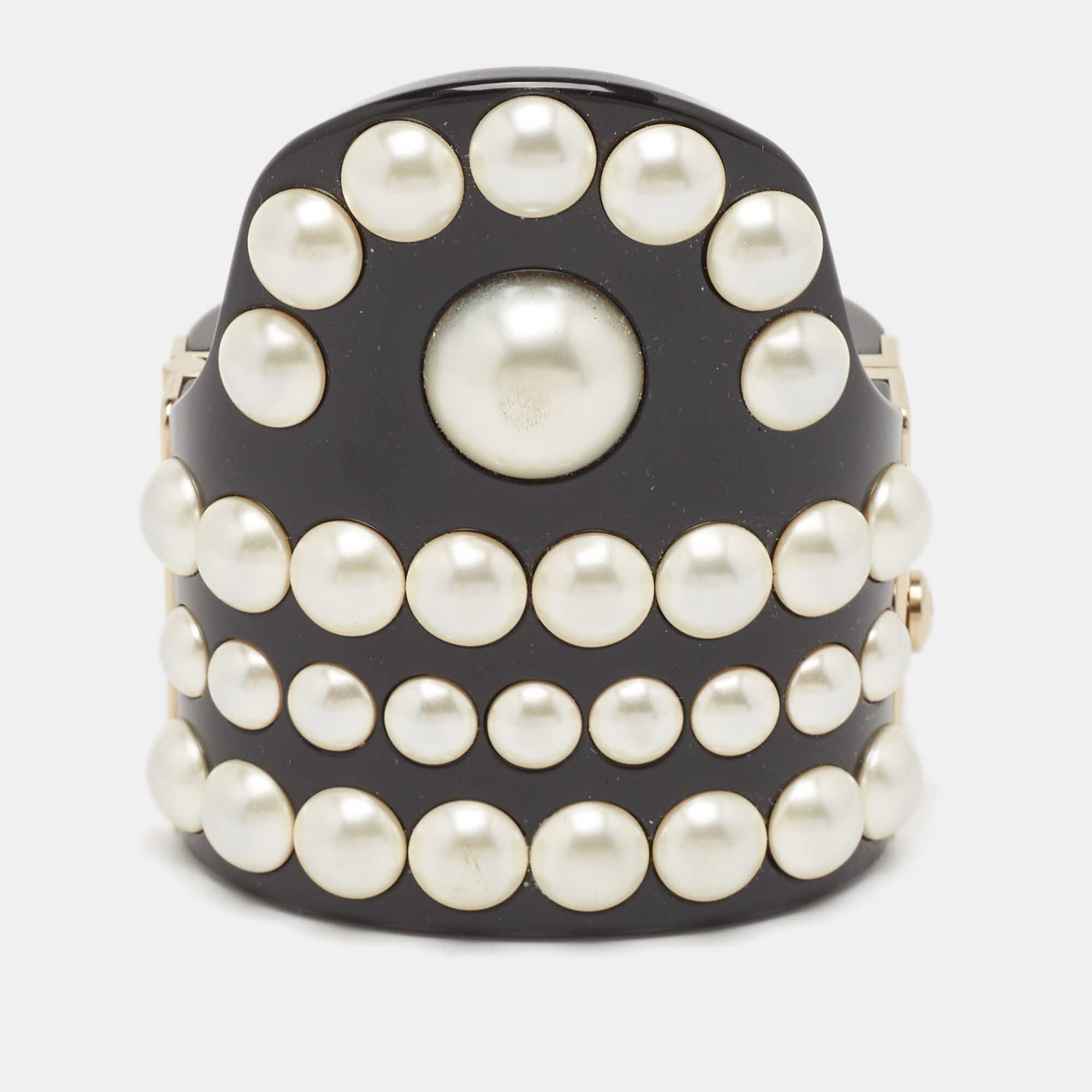 

Chanel CC Black Resin Faux Pearl Gold Tone Cuff Bracelet