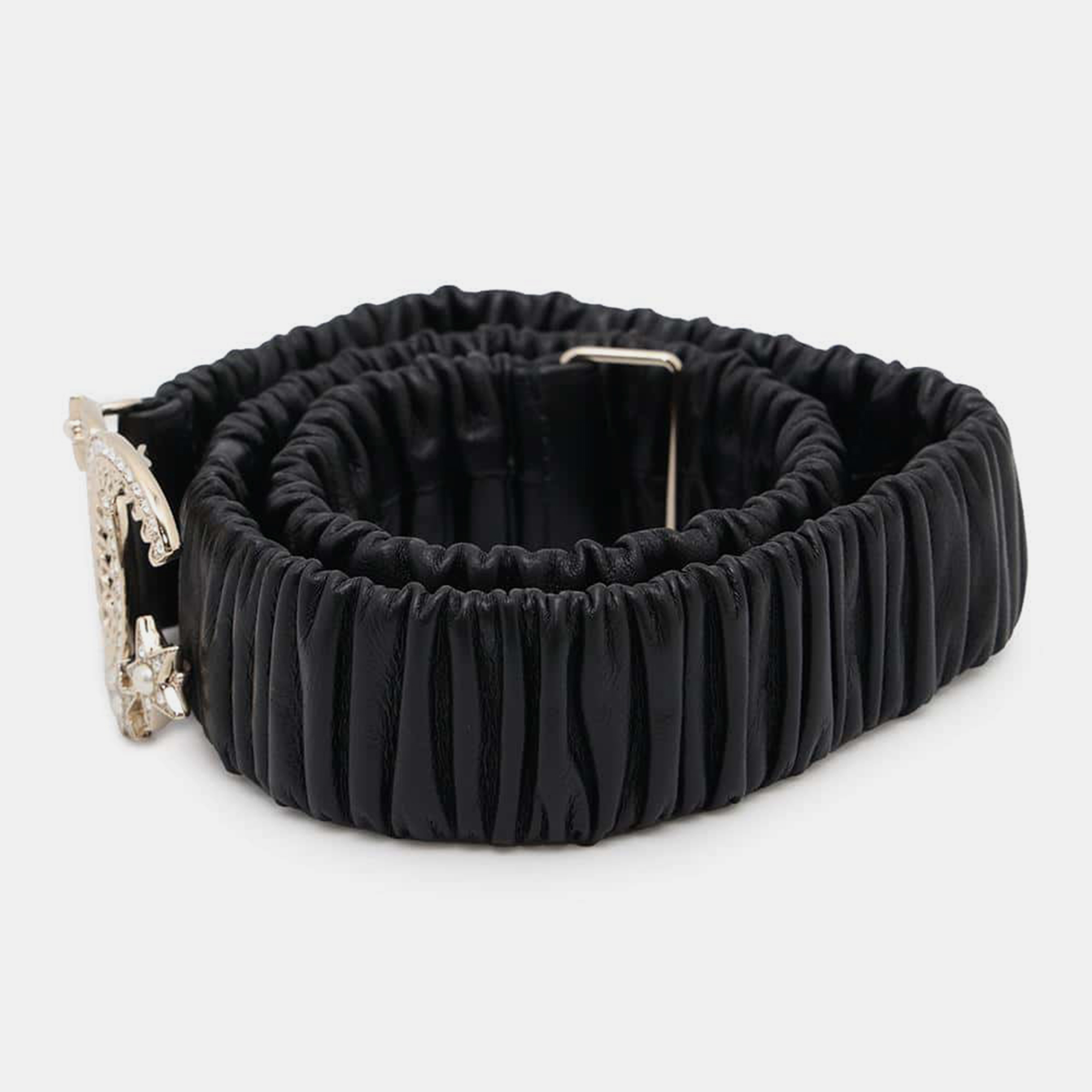 Chanel Black Rubber Faux Pearl Rhinestone CC Logo Belt 