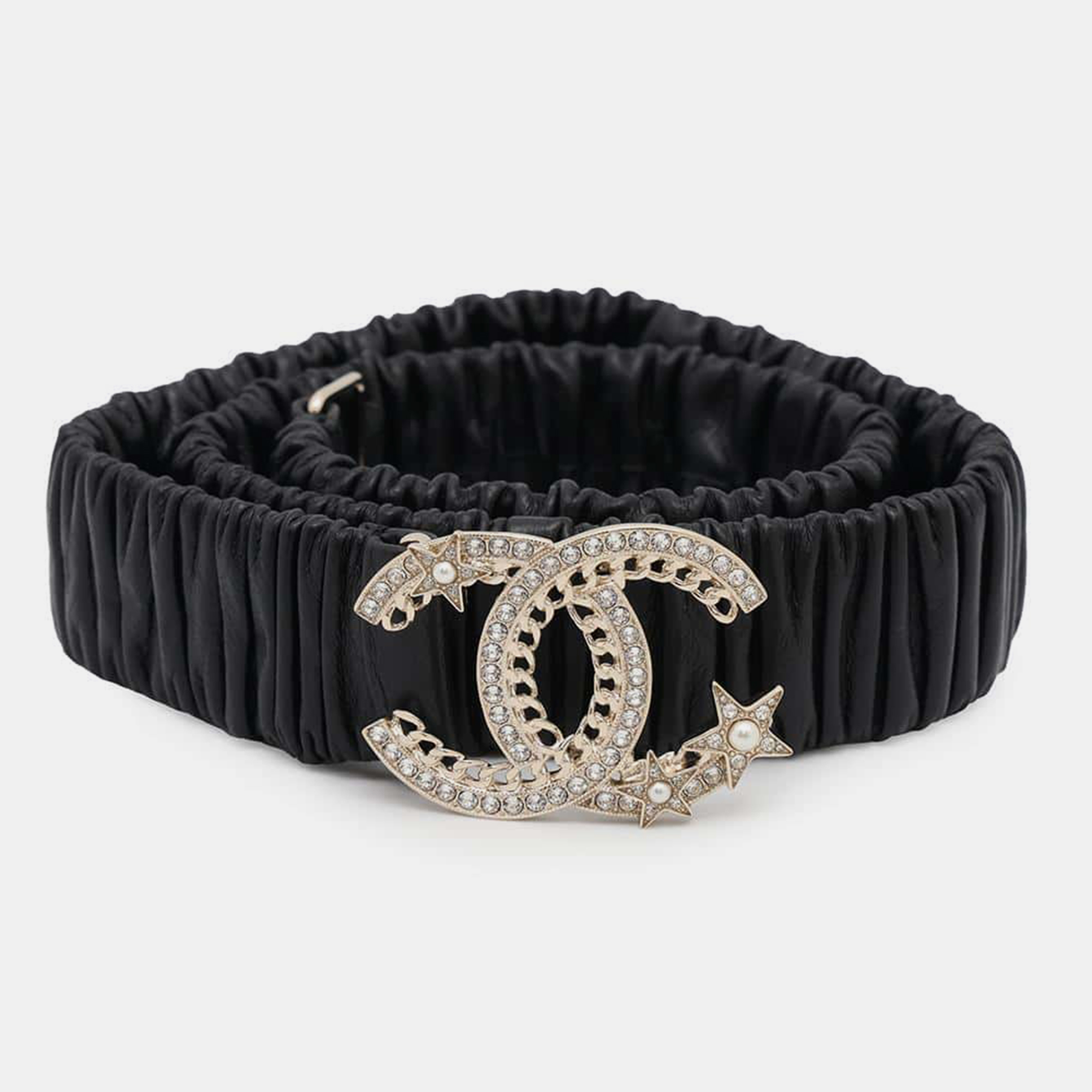 

Chanel Black Rubber Faux Pearl Rhinestone CC Logo Belt