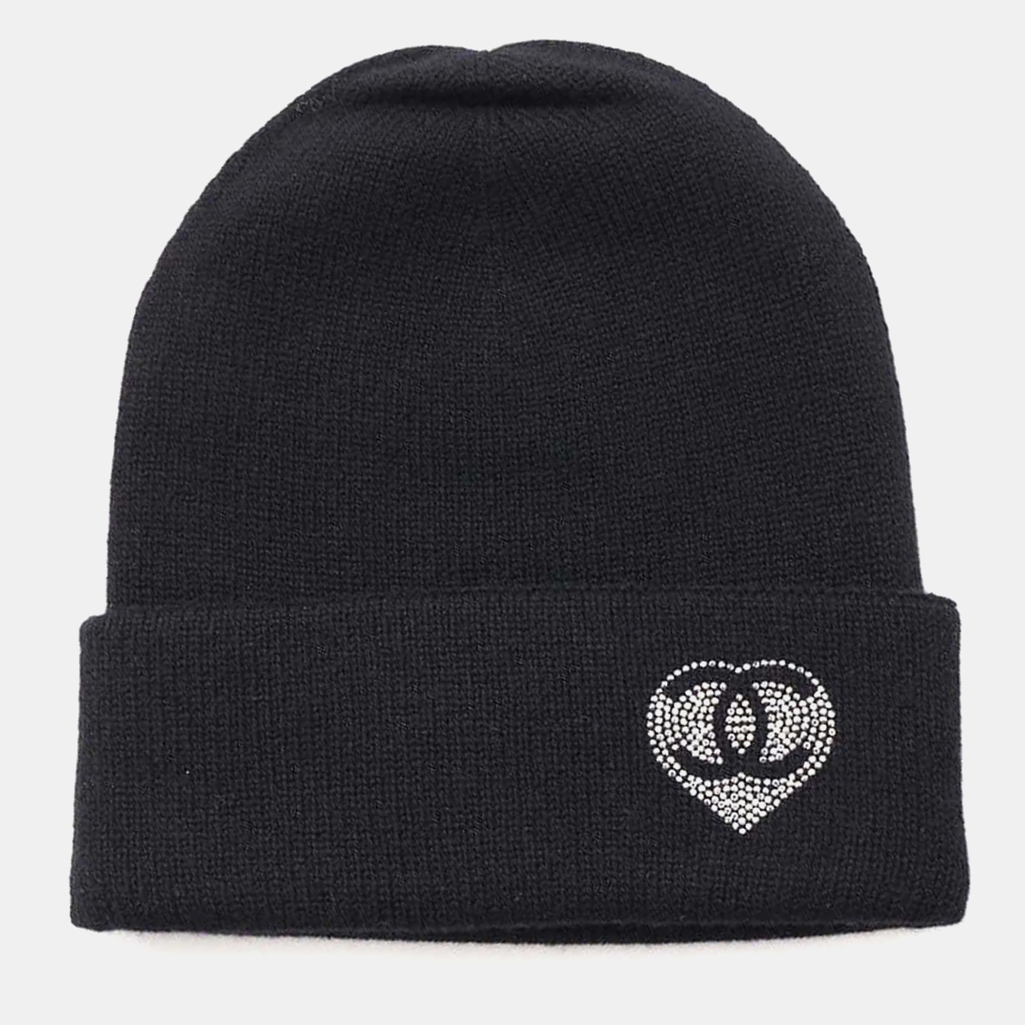 

Chanel Black Cashmere Rhinestone CC Logo Heart Motif Knit Cap