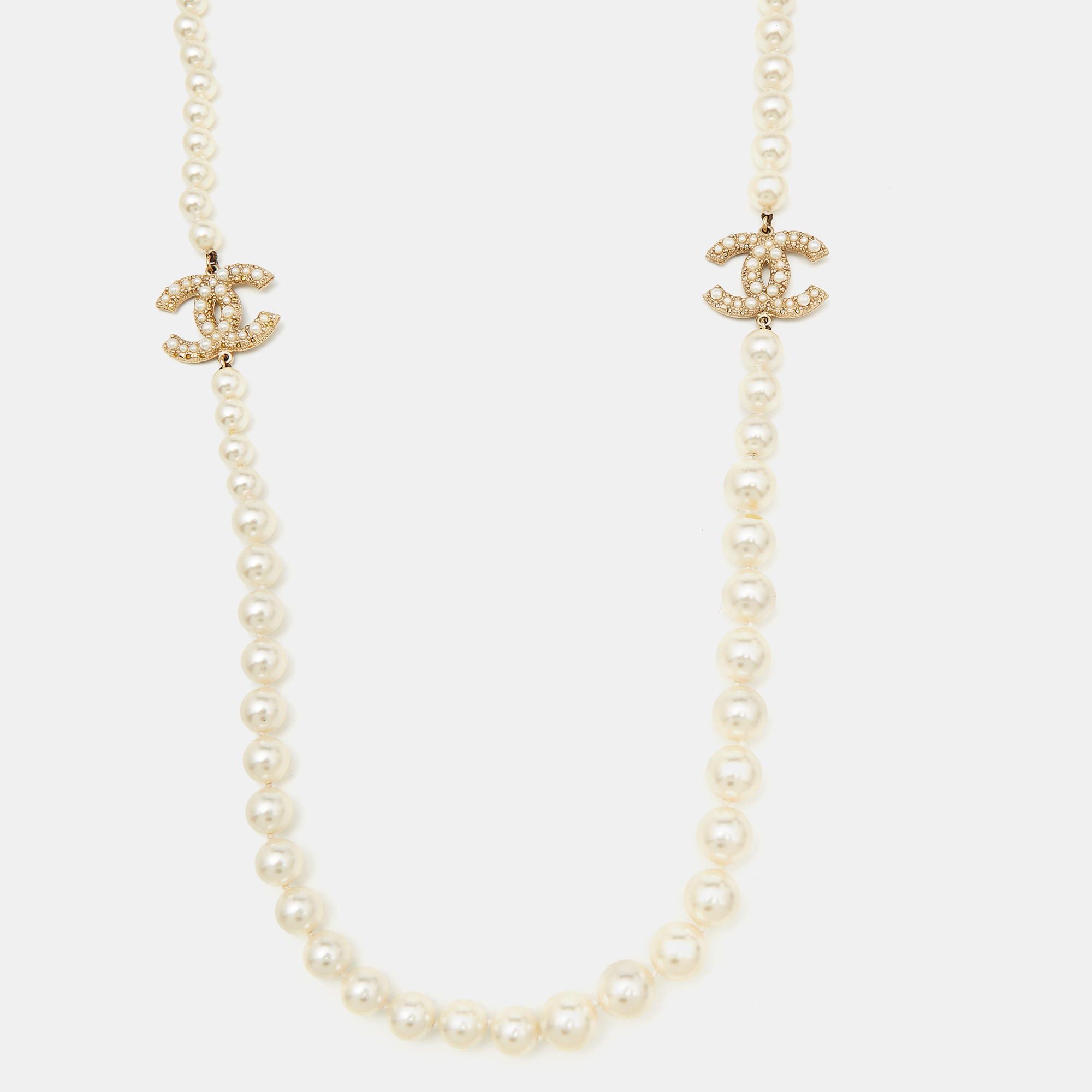 

Chanel CC Faux Pearl Gold Tone Long Necklace