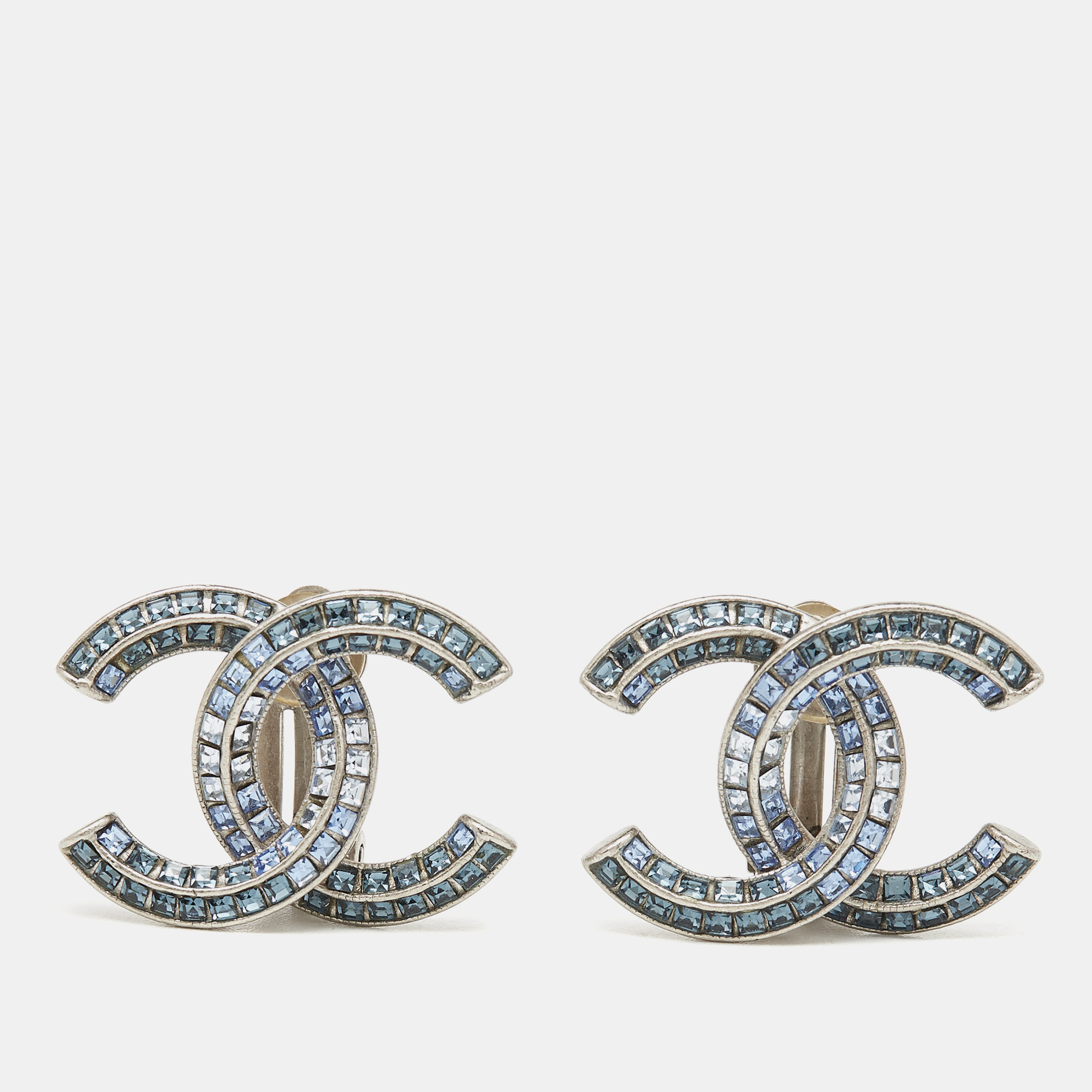 

Chanel CC Crystals Silver Tone Clip On Earrings