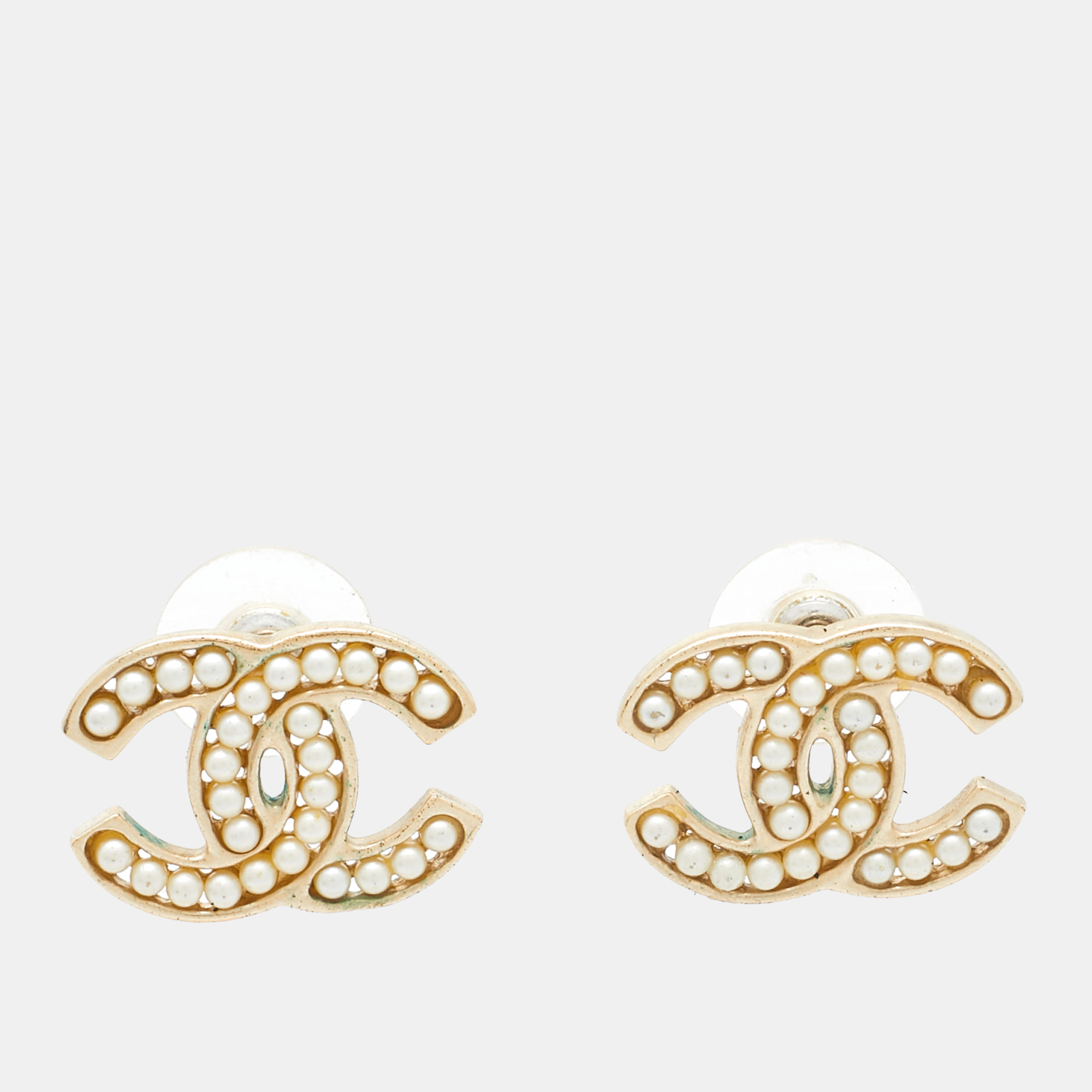 

Chanel CC Faux Pearl Gold Tone Stud Earrings