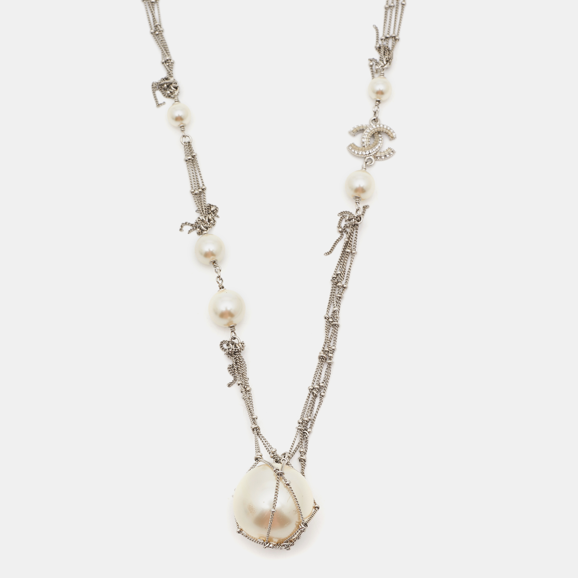 

Chanel CC Crystal Silver Tone Charm Faux Pearl Multi Strand Necklace