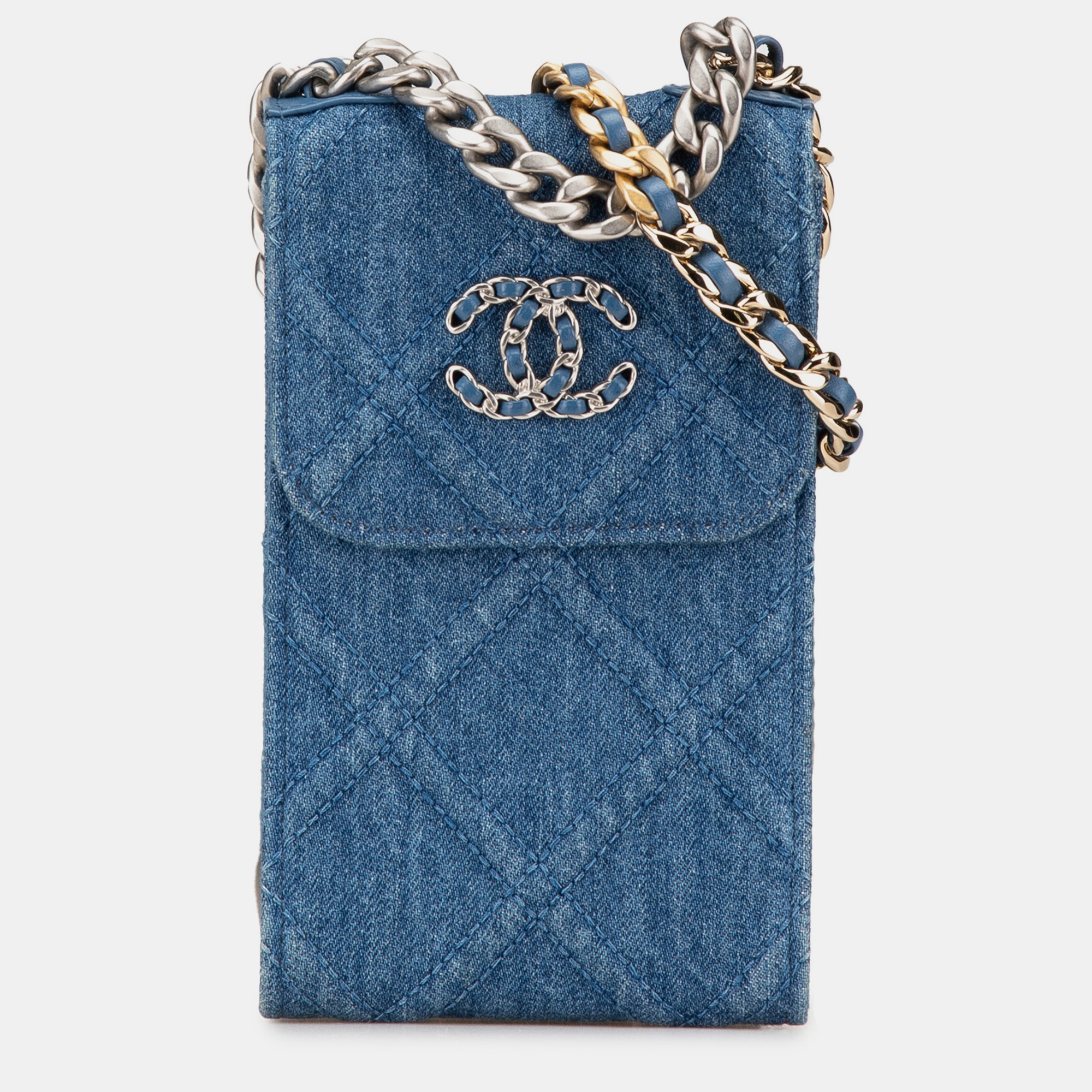 

Chanel Denim 19 Phone Holder with Chain, Blue