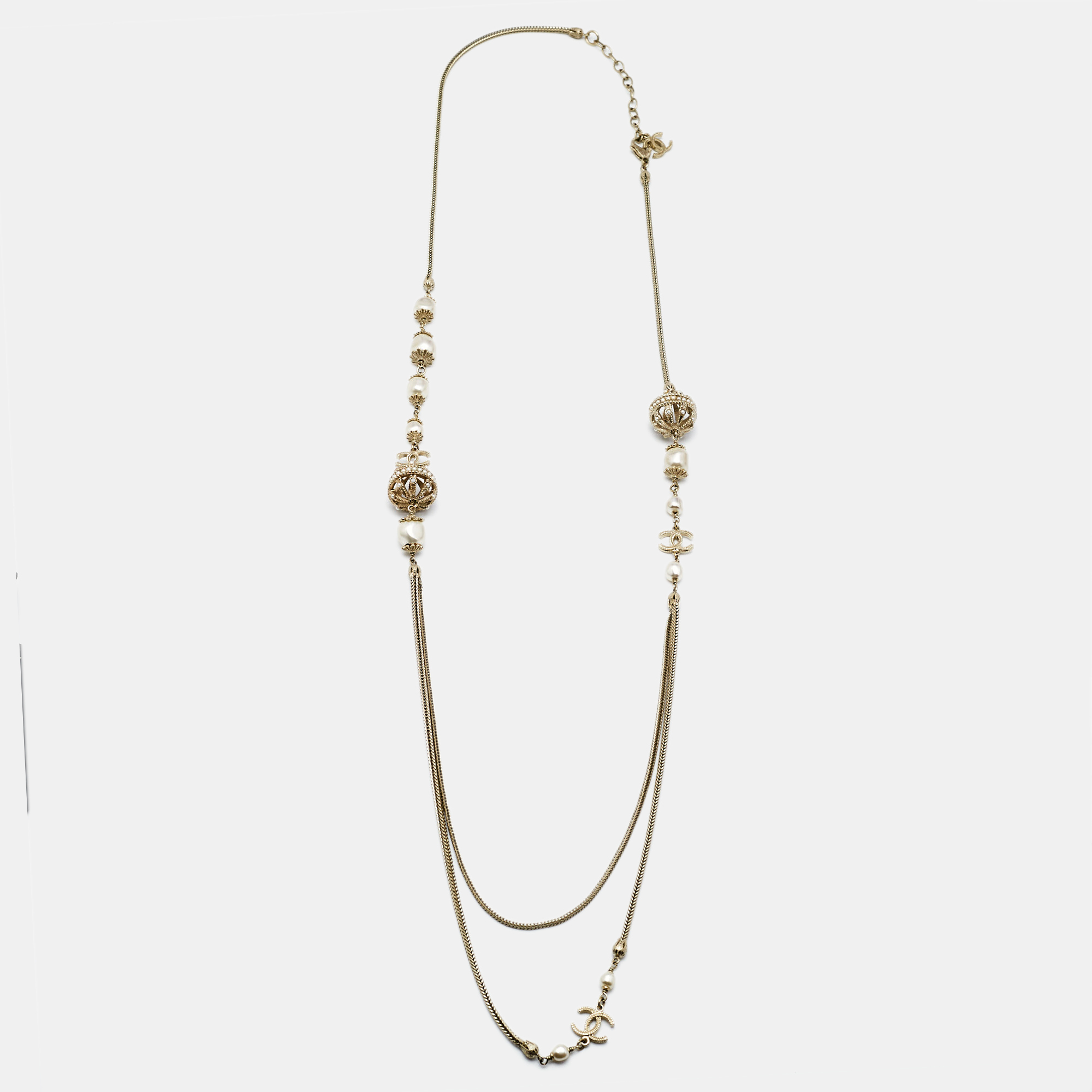 

Chanel CC Faux Pearl Gold Tone Long Necklace