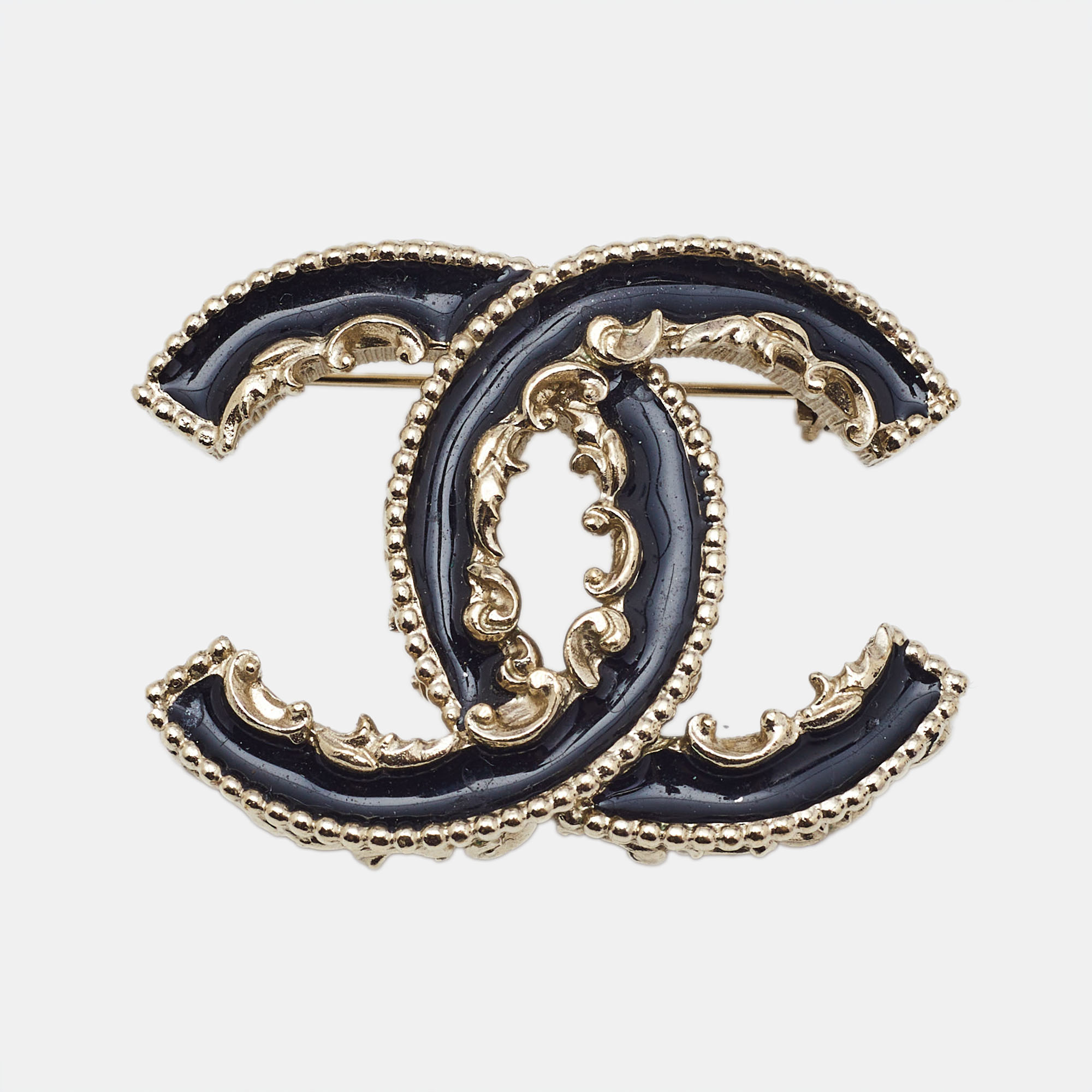 

Chanel CC Baroque Black Enamel Gold Tone Brooch