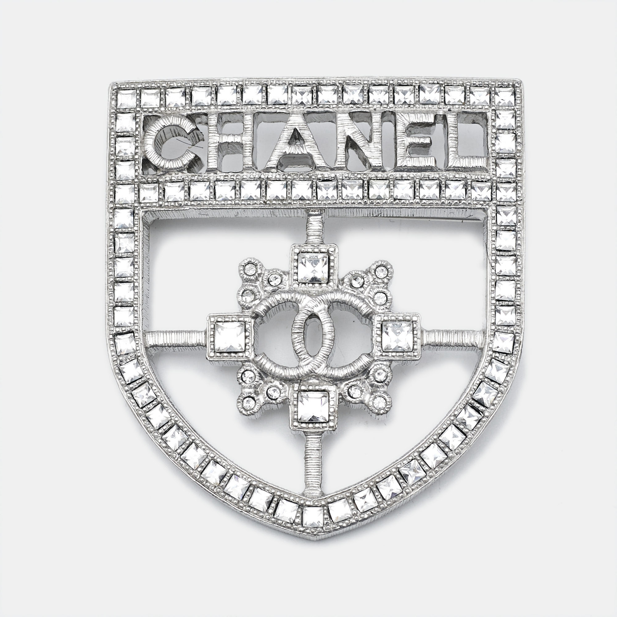 

Chanel Crystals Silver Tone Shield Brooch