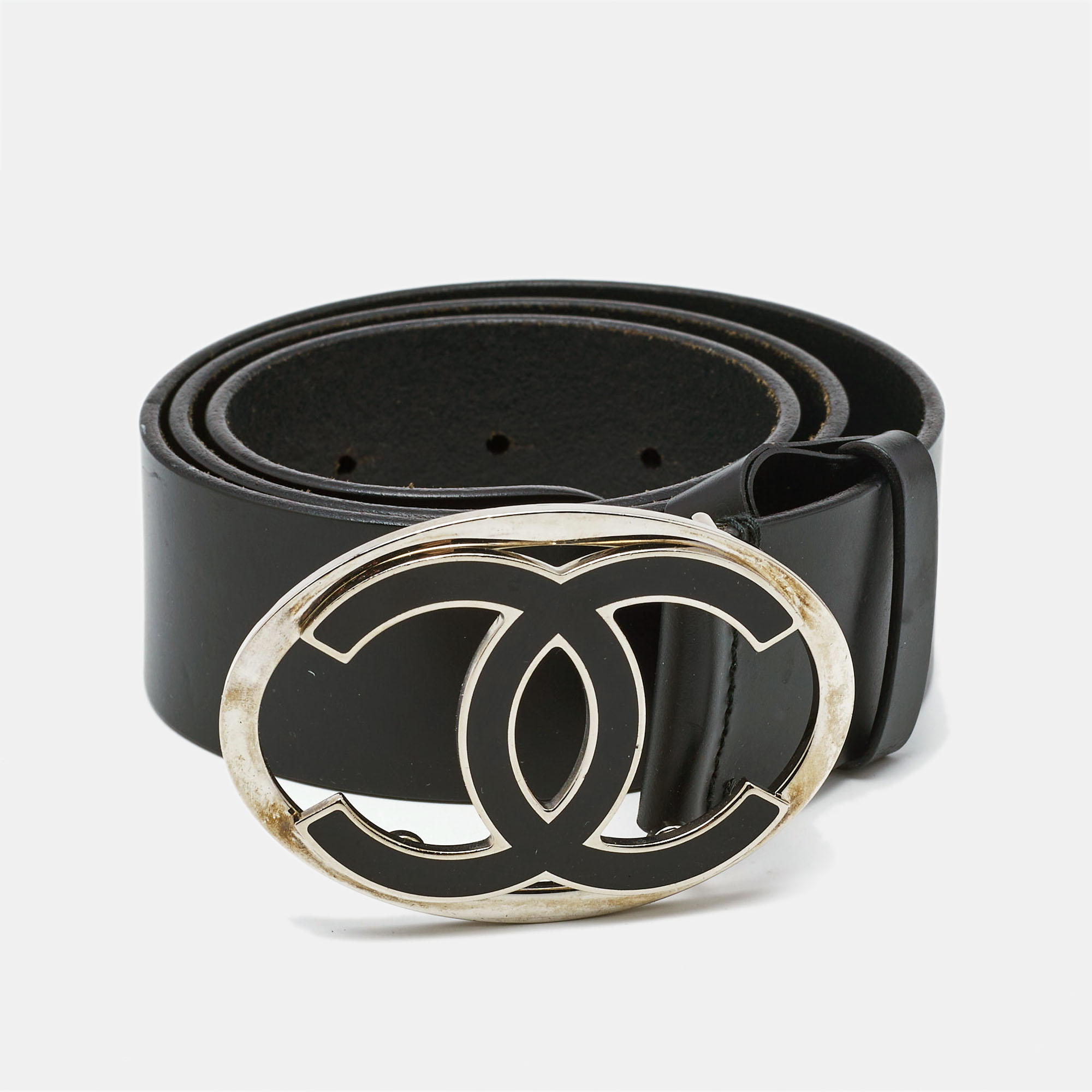 

Chanel Black Leather CC Oval Buckle Belt 80CM