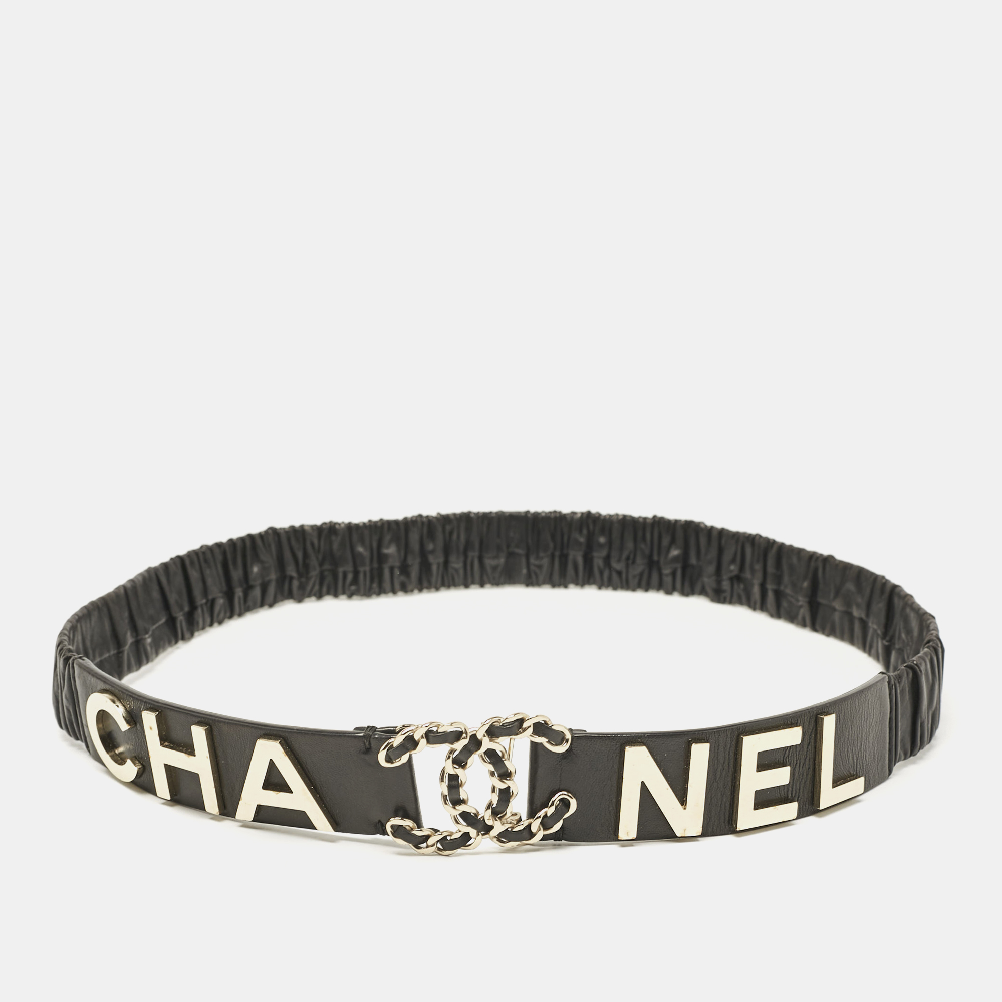 

Chanel Black Pleated CC Logo Elastic Belt 85CM