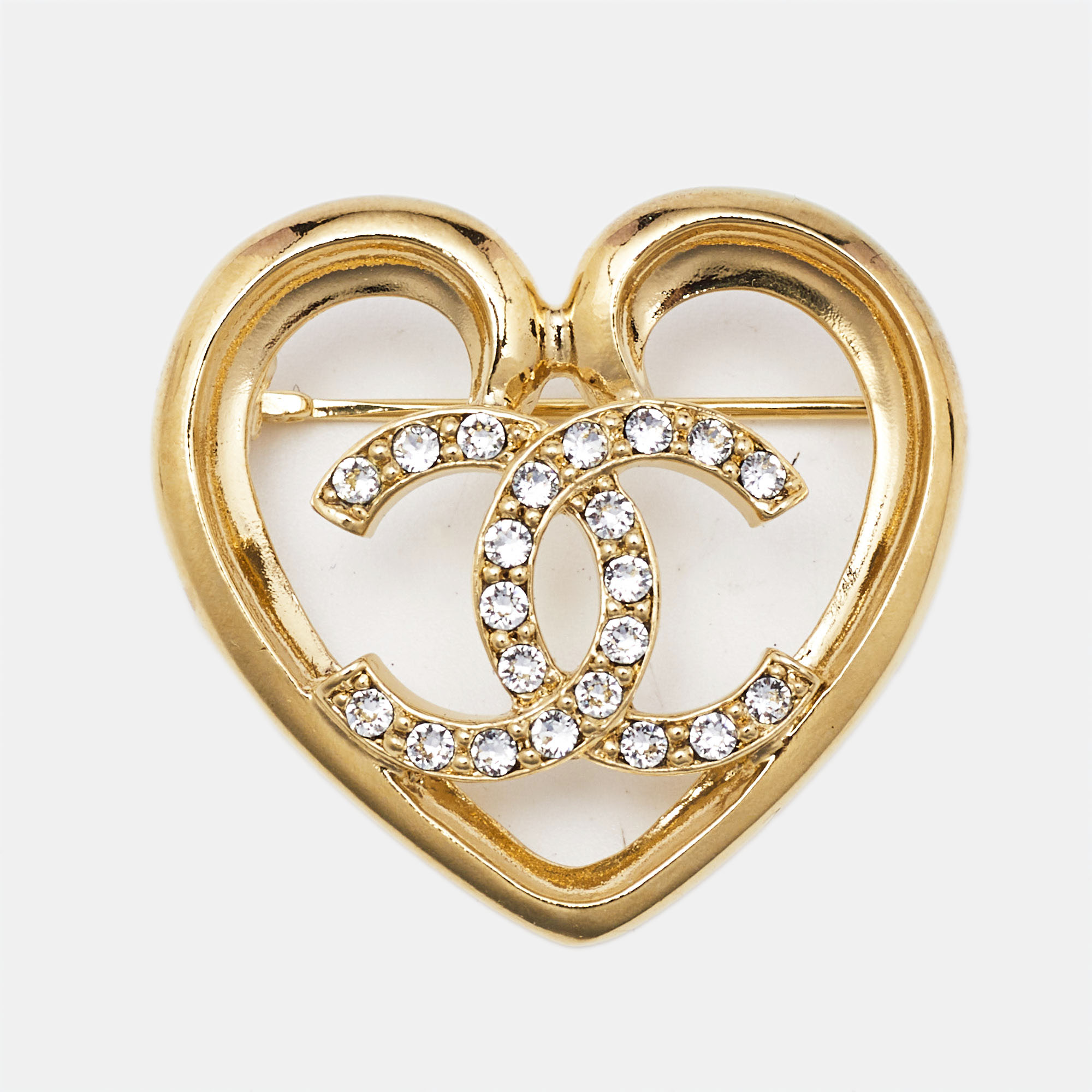 

Chanel CC Heart Crystal Gold Tone Brooch