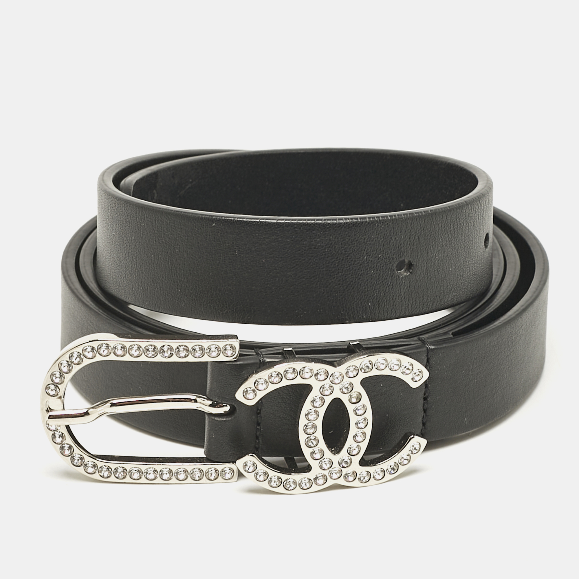 

Chanel Black Leather CC Crystals Buckle Belt 85CM