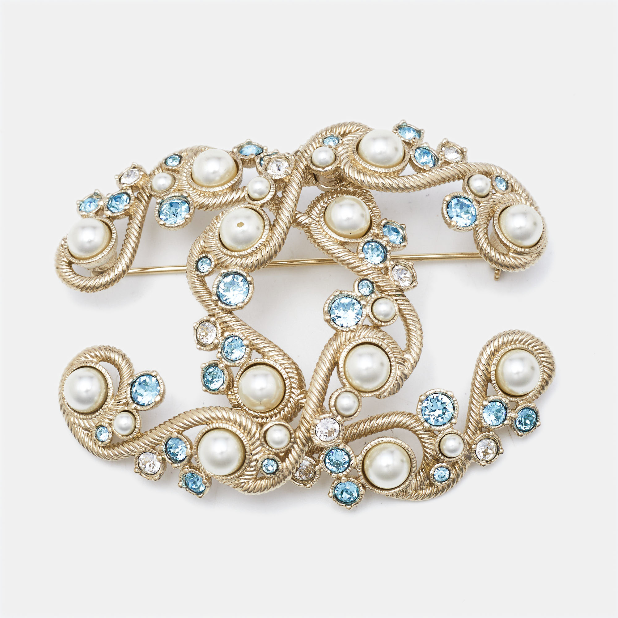 

Chanel CC Faux Pearl Crystal Gold Tone Brooch