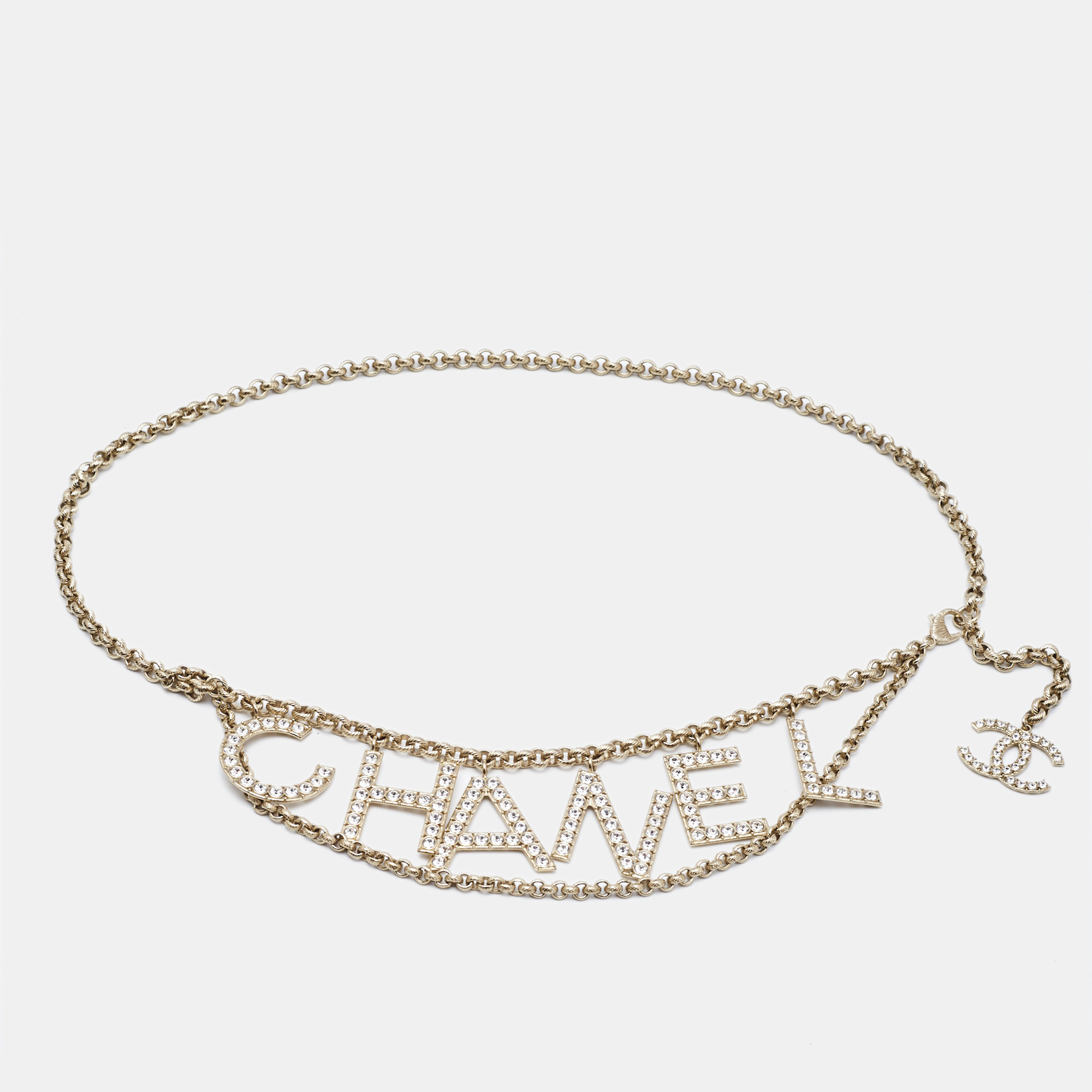 

Chanel Letter Charms Crystals Gold Tone Chain Belt