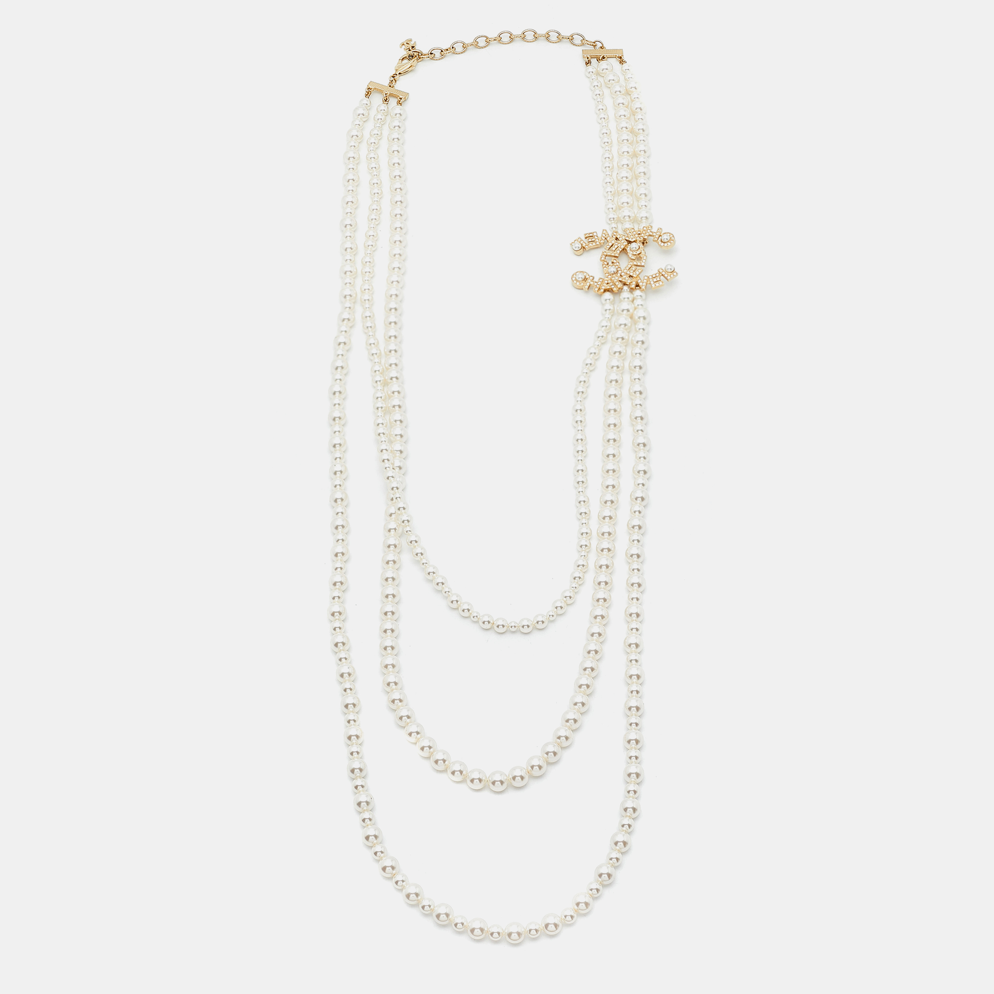 

Chanel CC Faux Pearl Crystals Gold Tone Multistrand Necklace