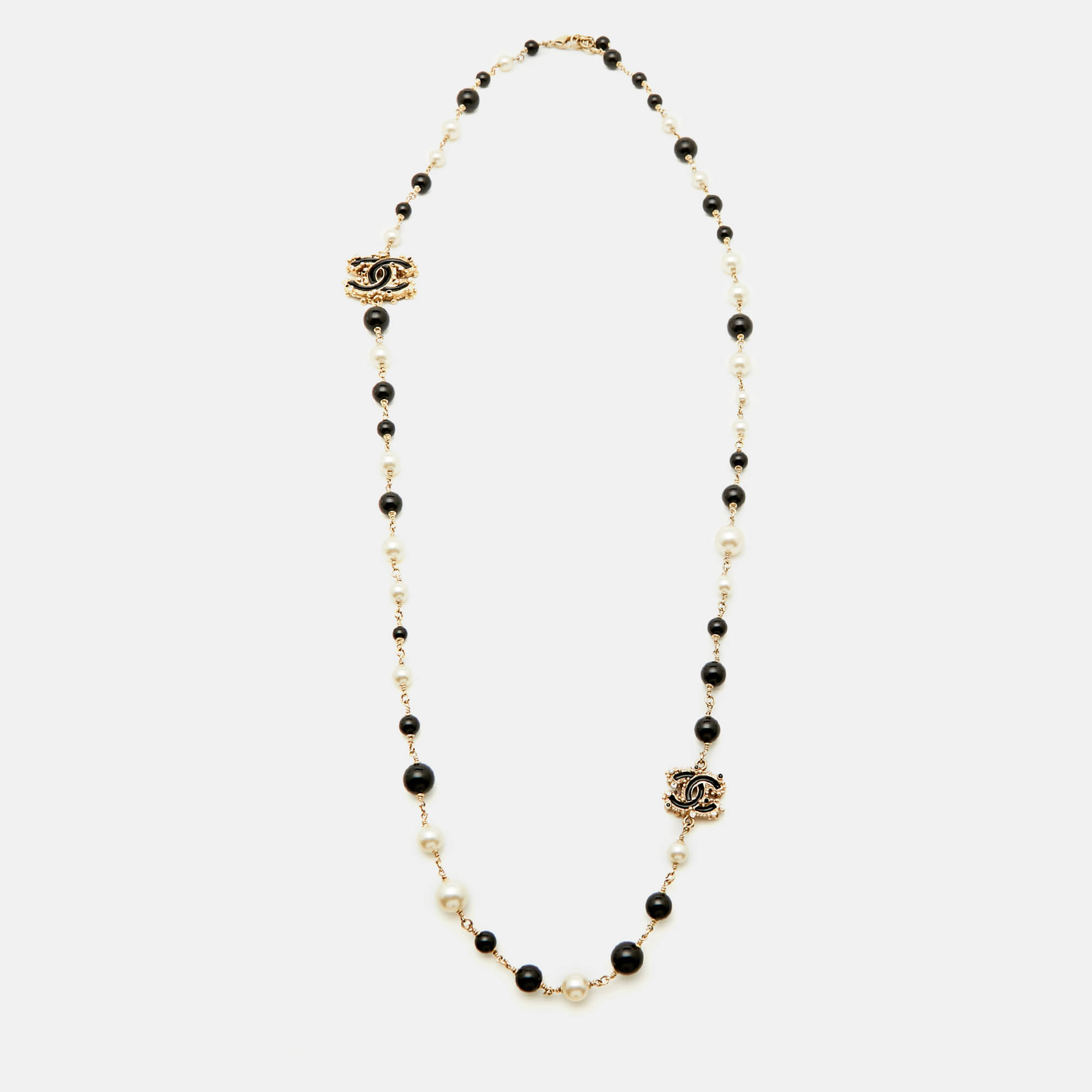 

Chanel Faux Pearl Black Beads Gold Tone CC Baroque Station Necklace, Multicolor