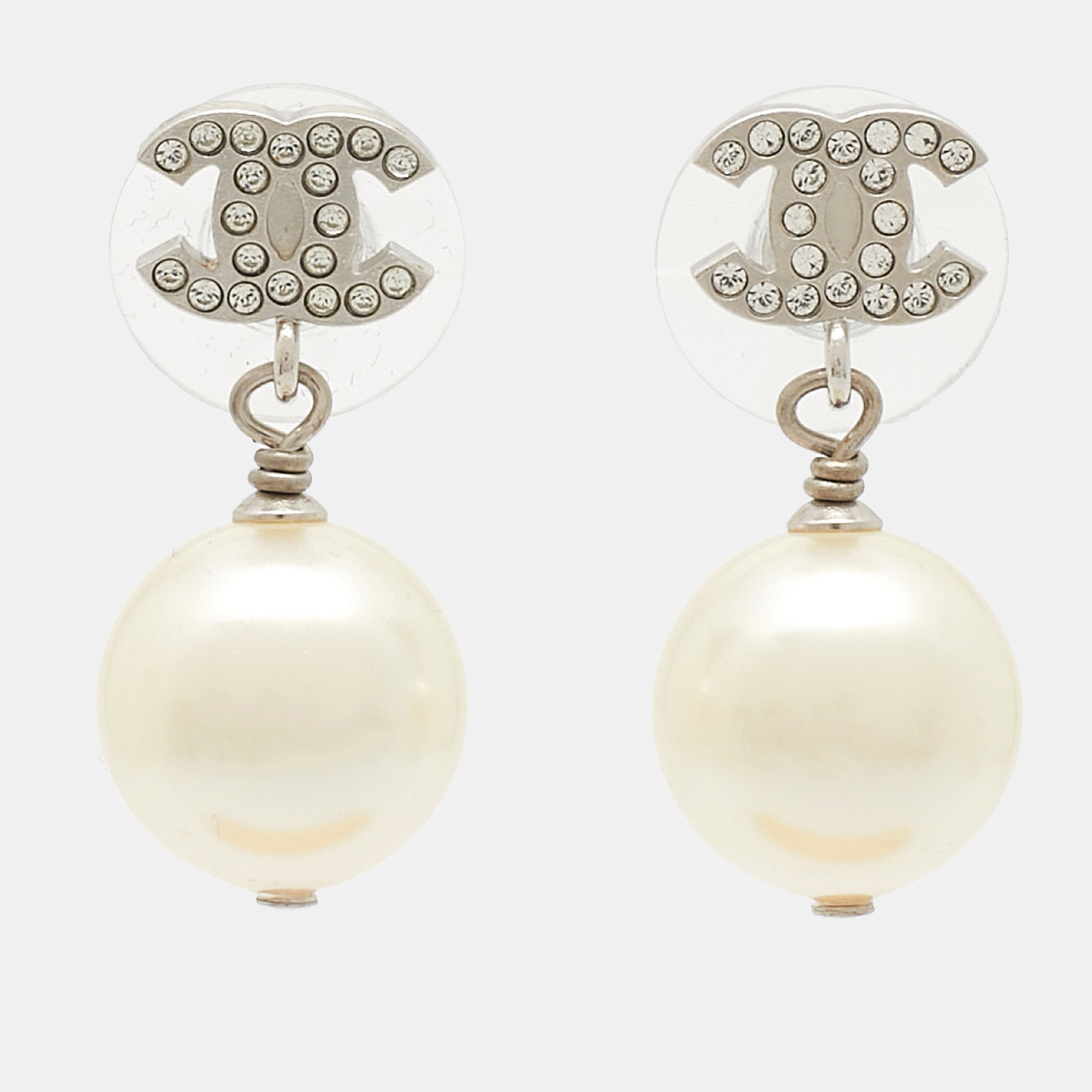 

Chanel CC Crystal Embellished Faux Pearl Silver Tone Drop Earrings