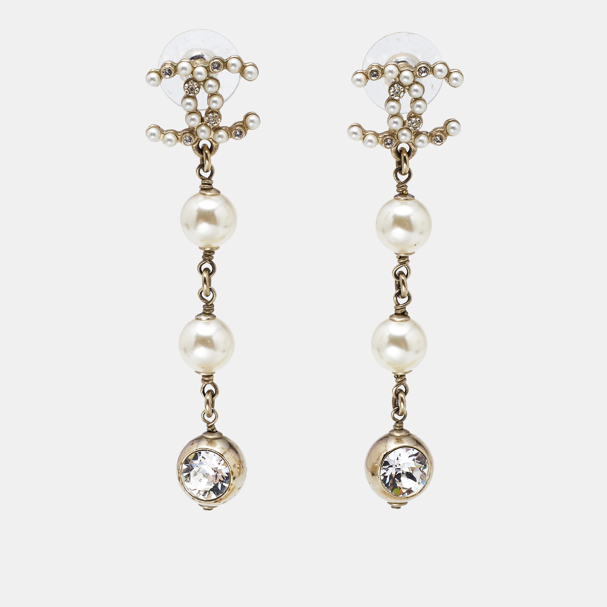 

Chanel CC Faux Pearl Crystal Gold Tone Long Earrings