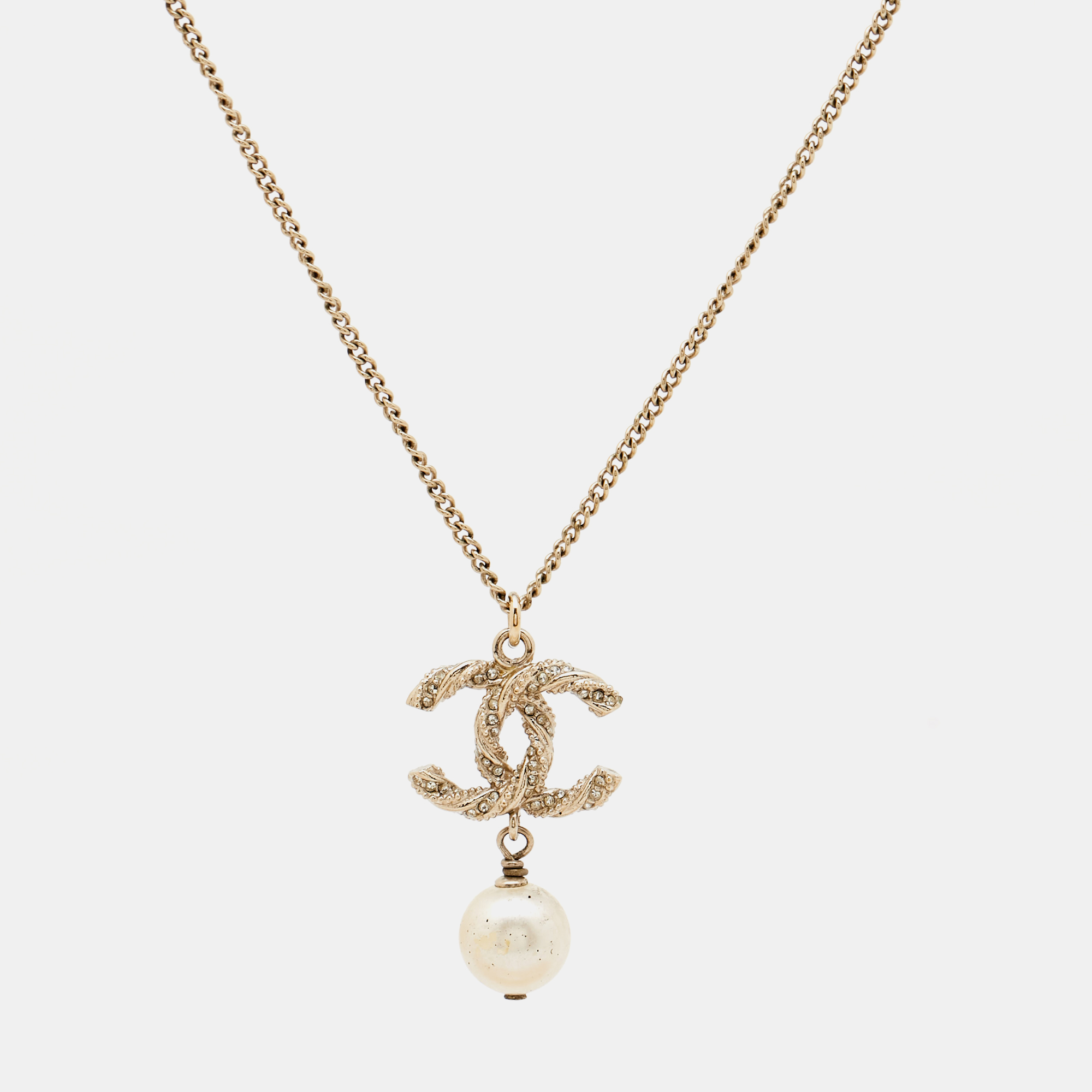 

Chanel CC Crystals Faux Pearl Gold Tone Necklace