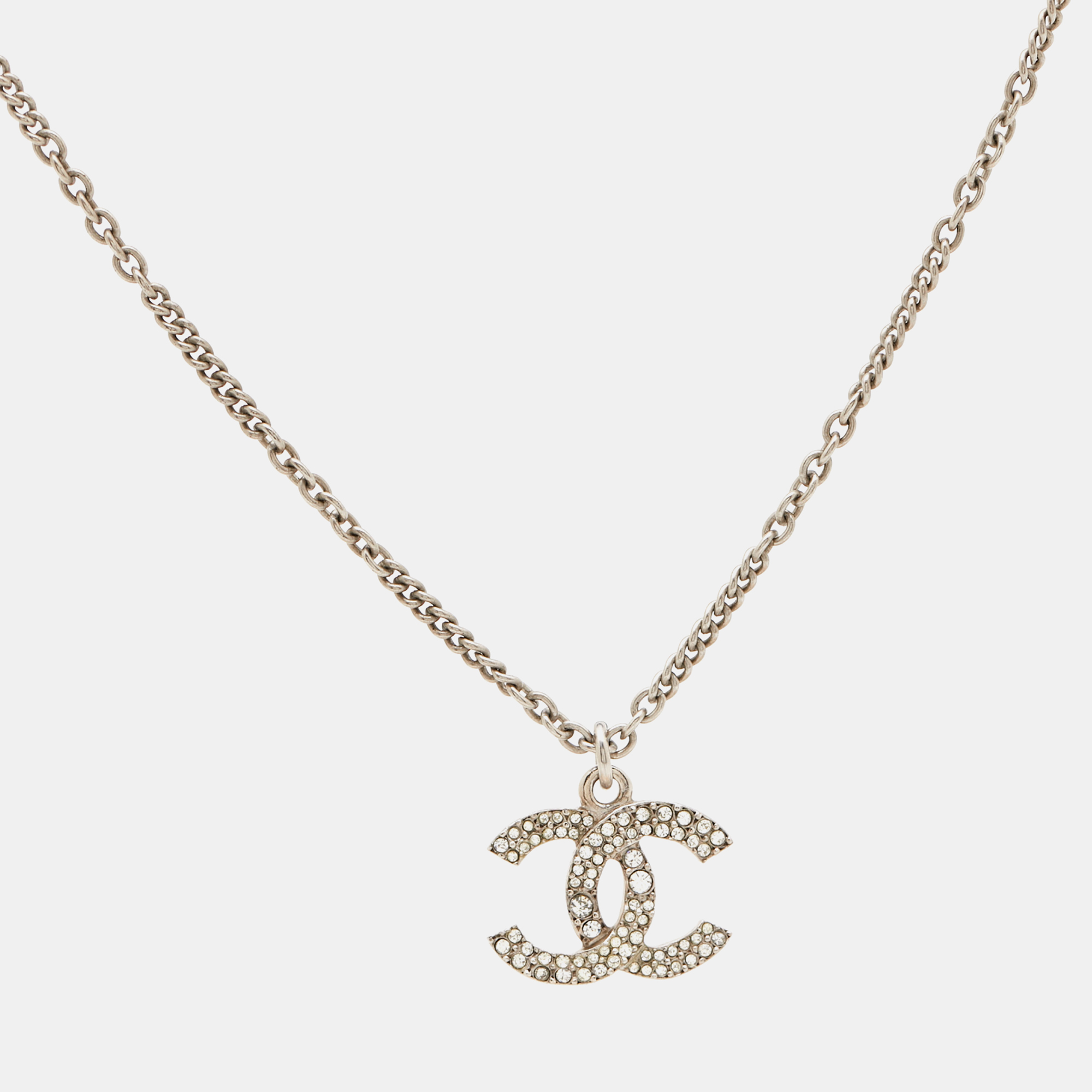 

Chanel CC Crystals Faux Pearl Silver Tone Necklace