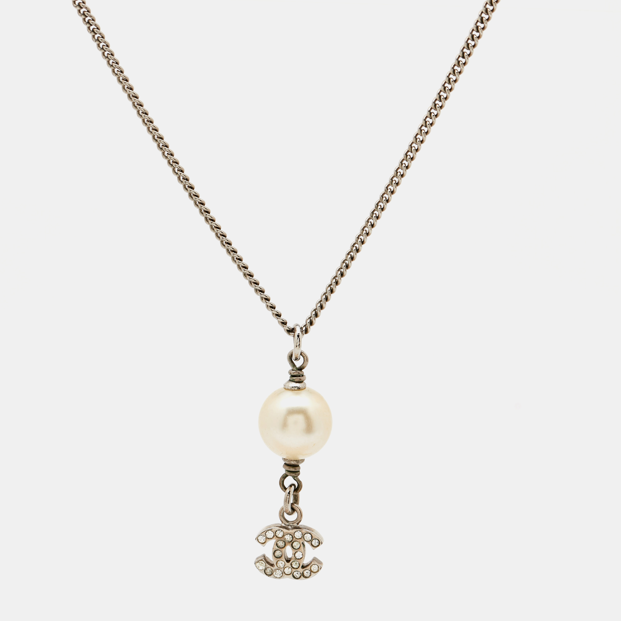 

Chanel CC Crystals Faux Pearl Silver Tone Necklace