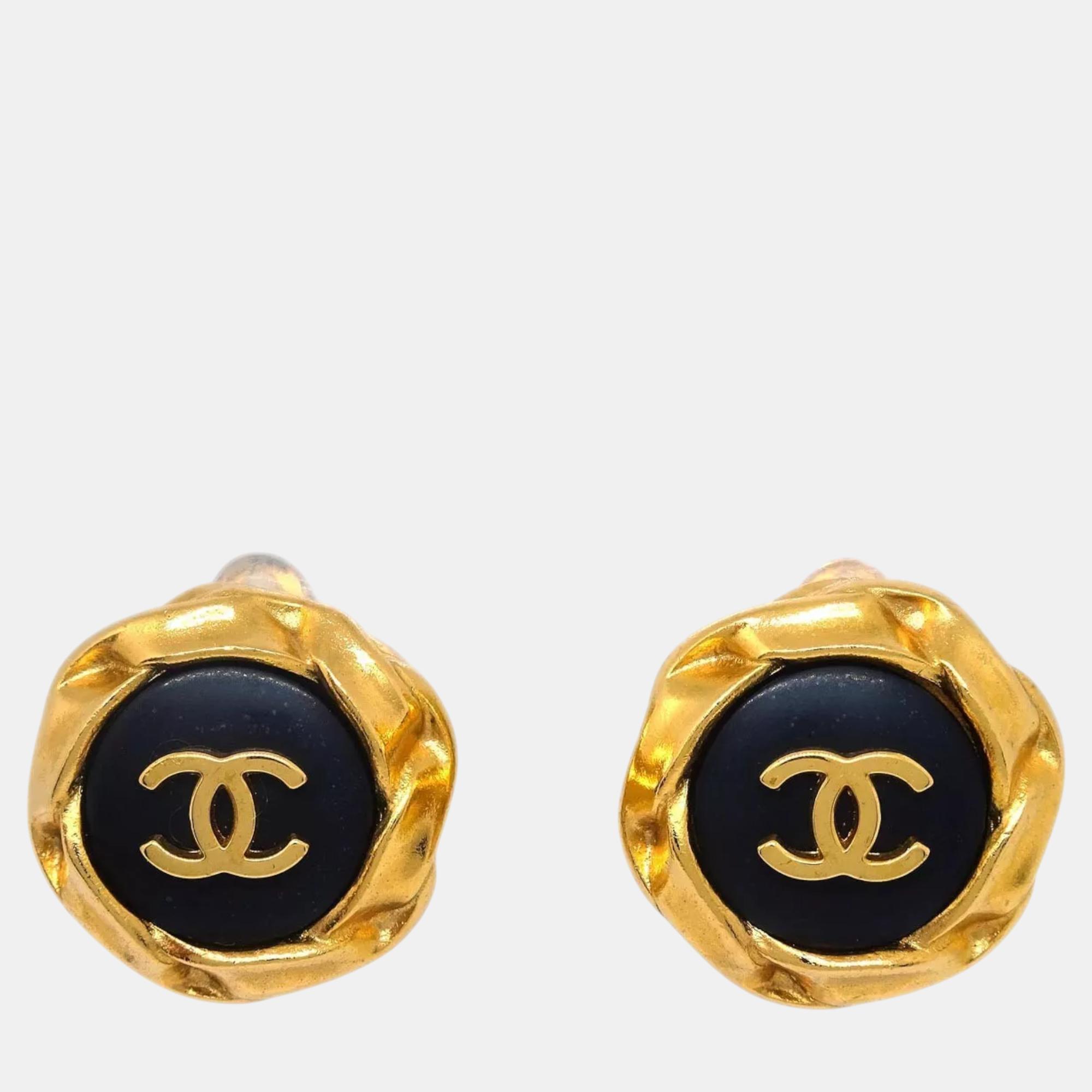 

Chanel Gold Black Button Clip-On Earrings