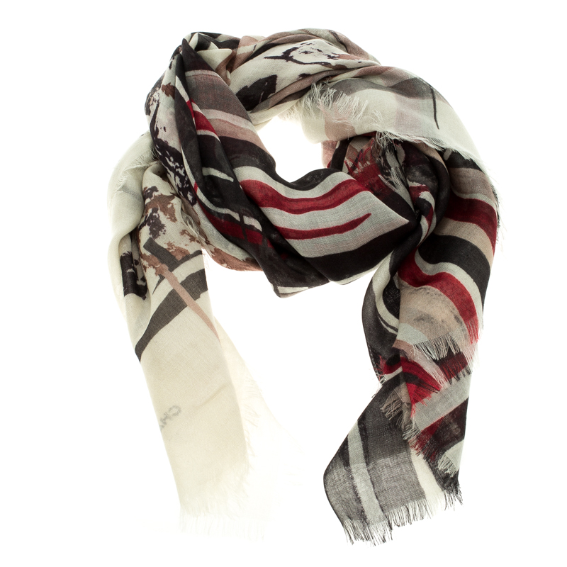 Pre Owned Chanel Multicolor Printed Cashmere and Silk Fringed Edge Scarf