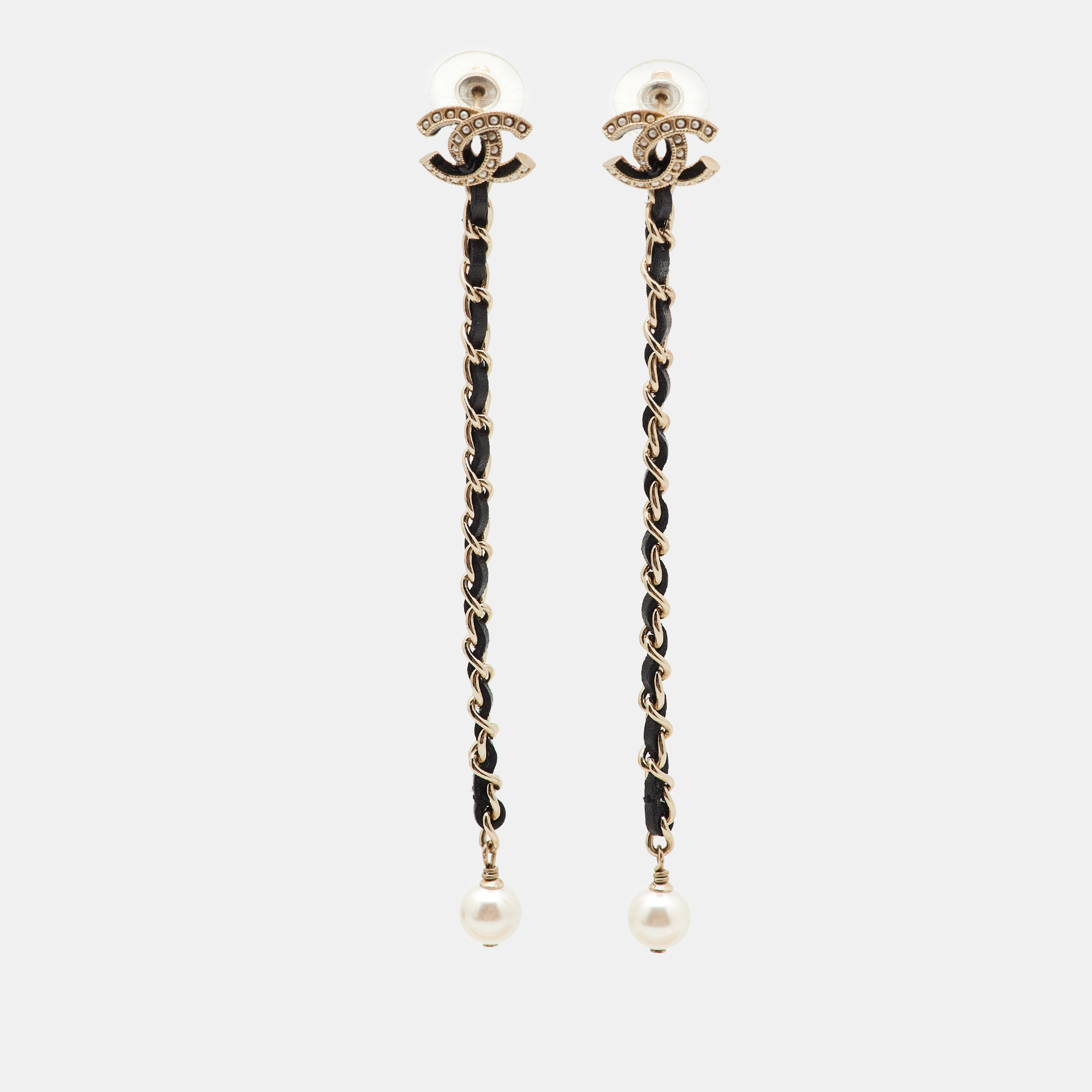

Chanel CC Faux Pearl Leather Gold Tone Long Earrings, Black