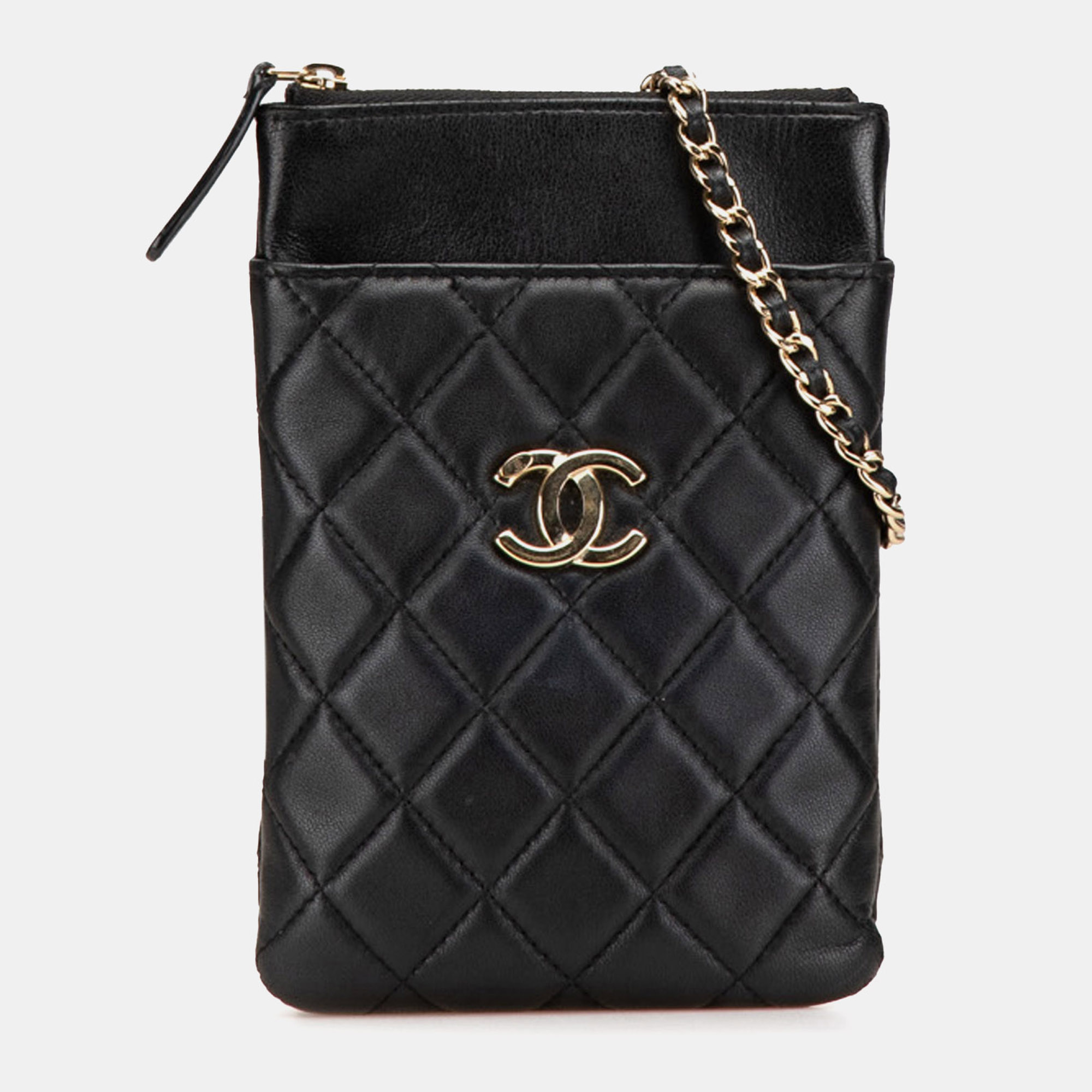 

CC Quilted Lambskin Phone Holder with Chain, Black